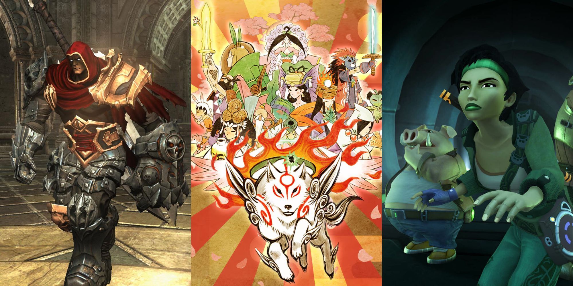 A collage of three video games that play like a 3D Zelda game: Darksiders, Okami and Beyond Good & Evil.