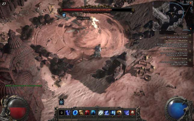 A screenshot of Path of Exile 2 running on the Steam Deck. The player character is in a desert fighting the boss Kabala. A counter in the corner shows the game is running at 27 FPS.