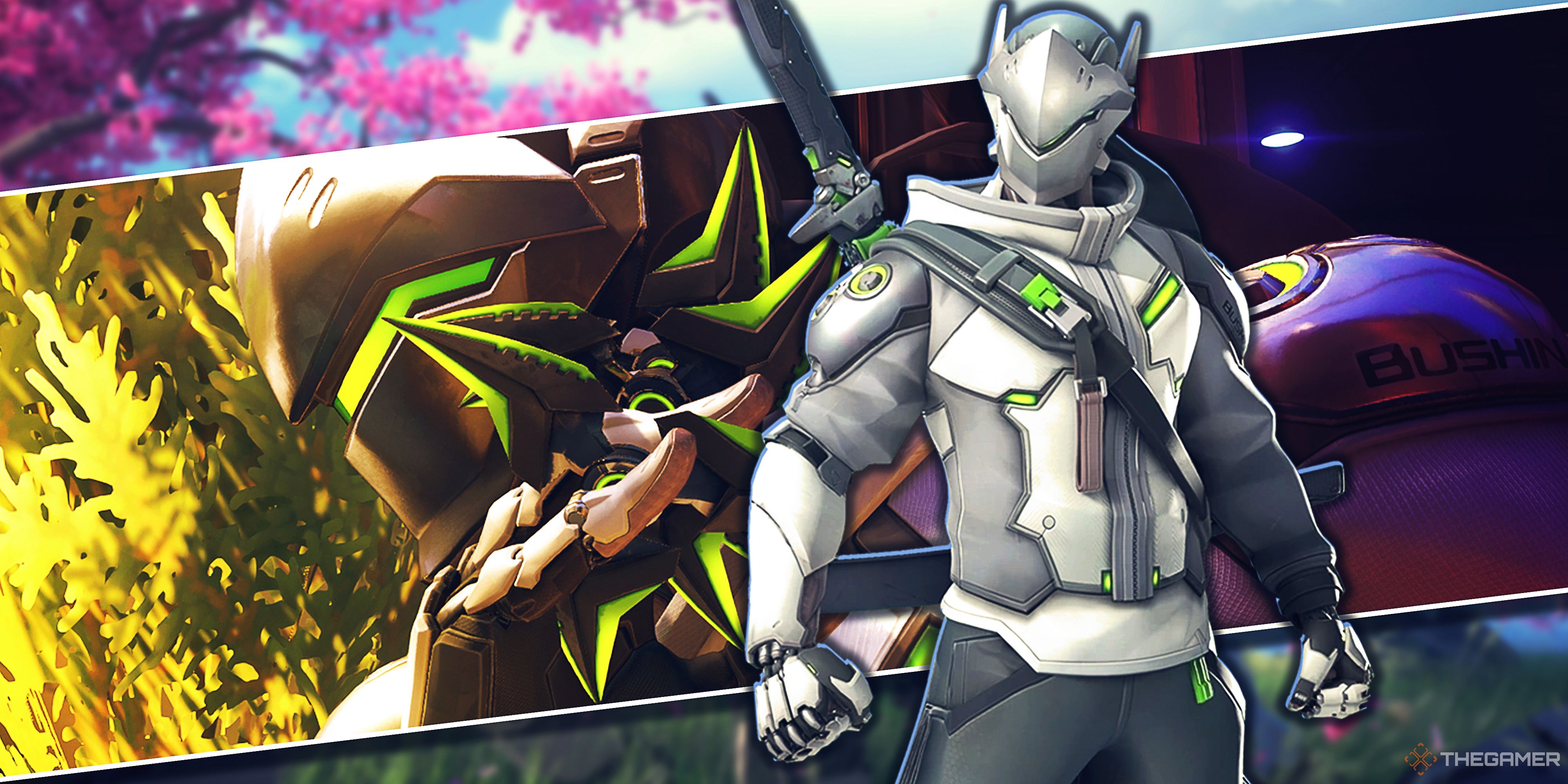 Genji from Overwatch 2 posing and Genji in a cinematic in a split image design.