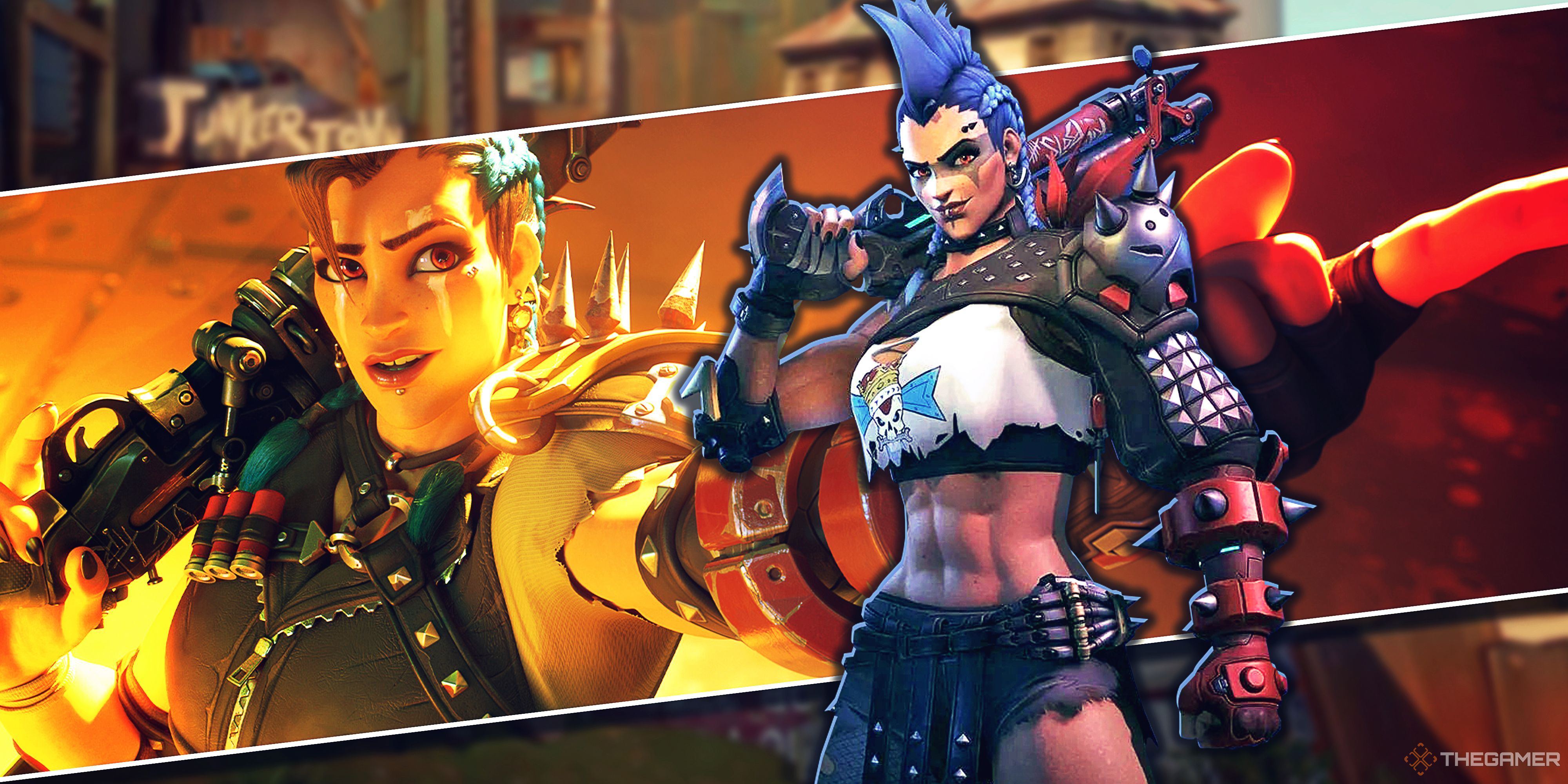 A photo of Junker Queen in front of a cinematic of herself from Overwatch 2.