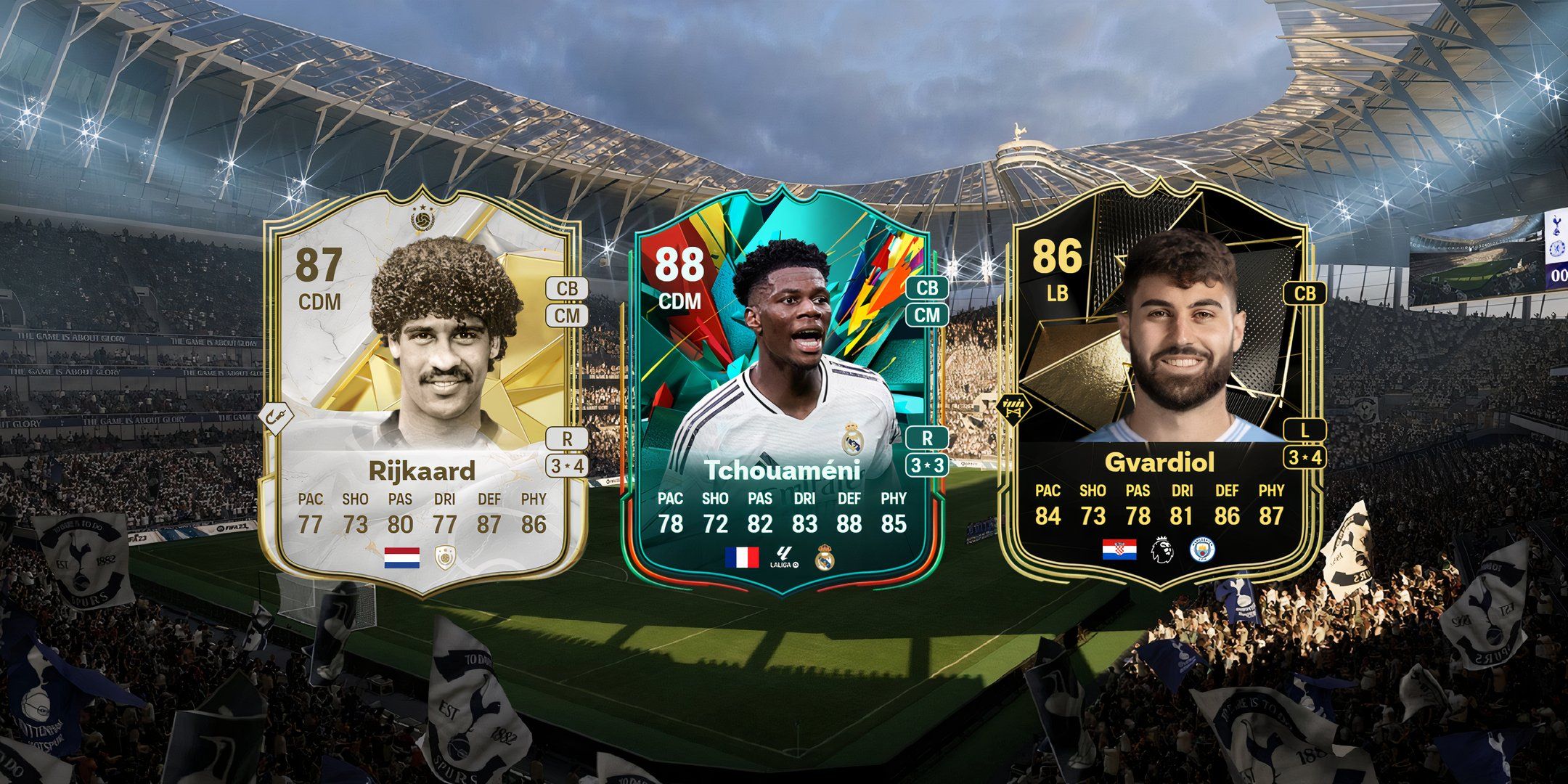 Rijkaard's, Aurelien Tchouameni's, and Gvardiol's cards in EA Sports FC 25.