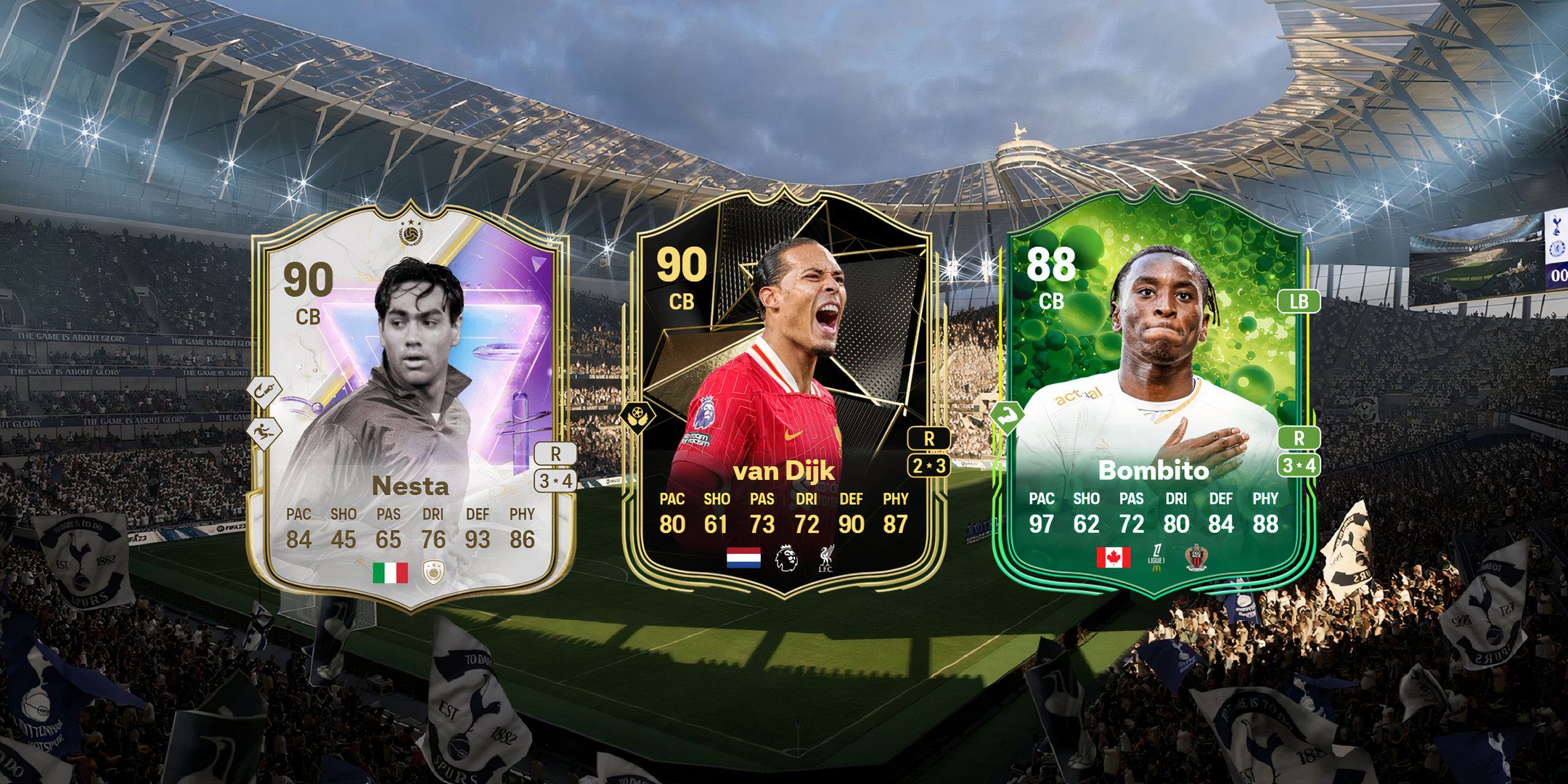 Nesta's, van Dijk's, and Bombito's cards in EA Sports FC 25.