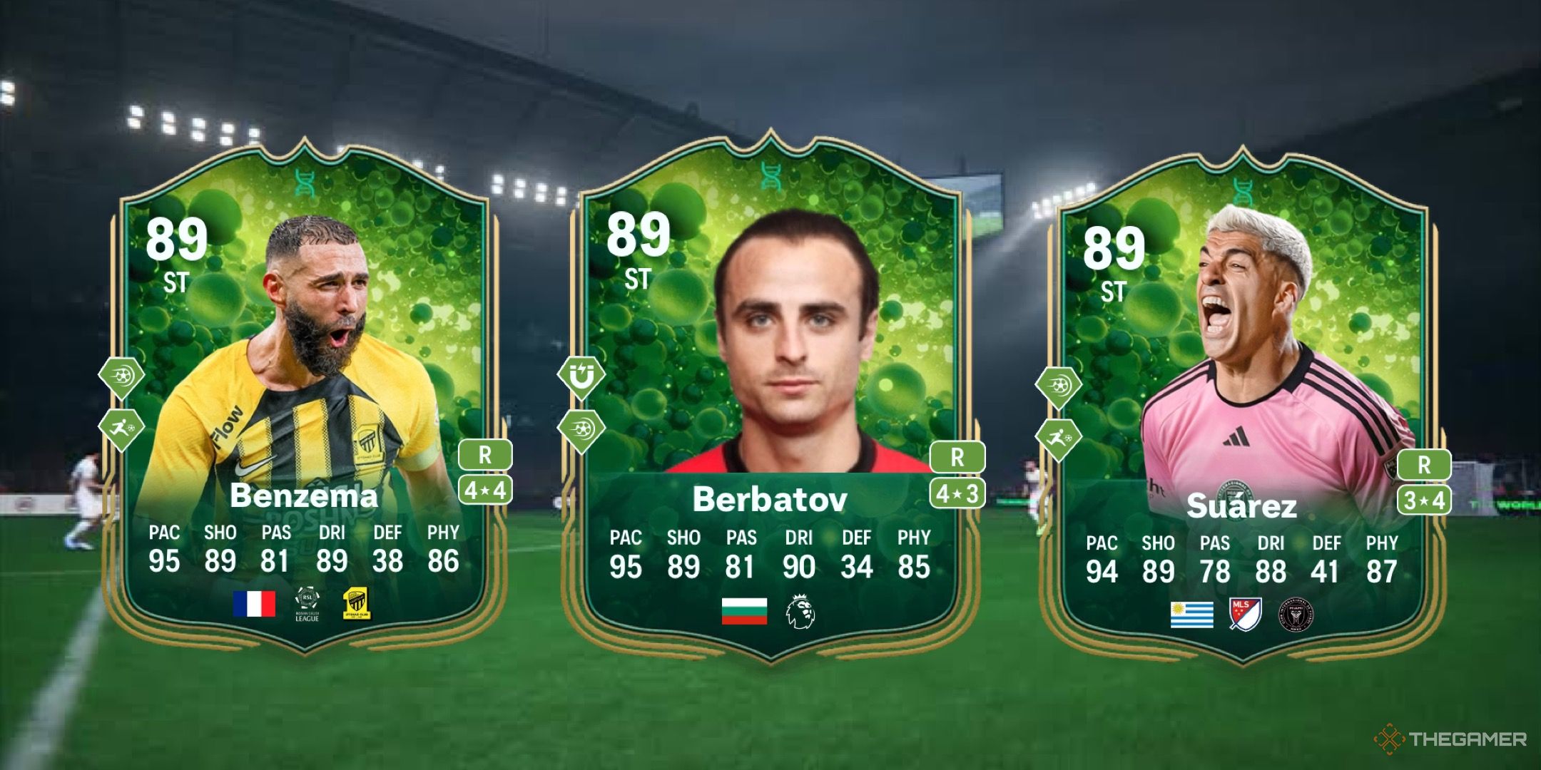 Image showing Benzema, Berbatov, and Suárez card against a faded pitch background.