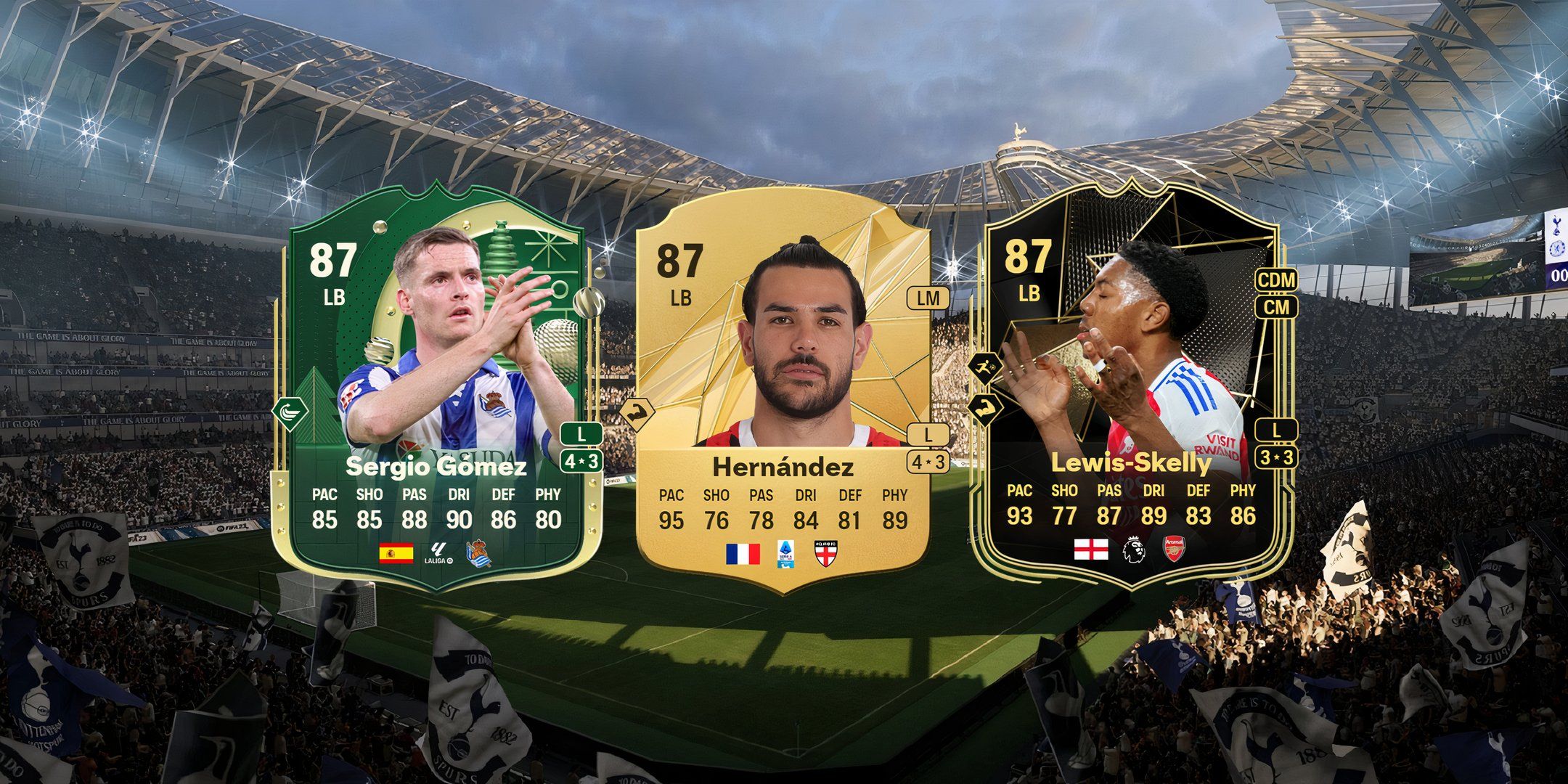 Sergio Gomez's, Theo Hernandez's, and Lewis-Skelly's card in EA Sports FC 25.