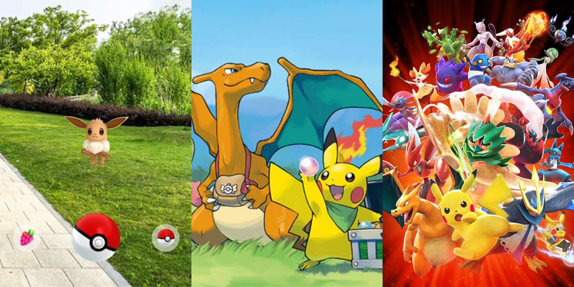 A collage of three great Pokemon games that were NOT developed by Game Freak: Pokemon Go, Pokemon Mystery Dungeon: Explorers Of Sky and Pokken Tournament DX.