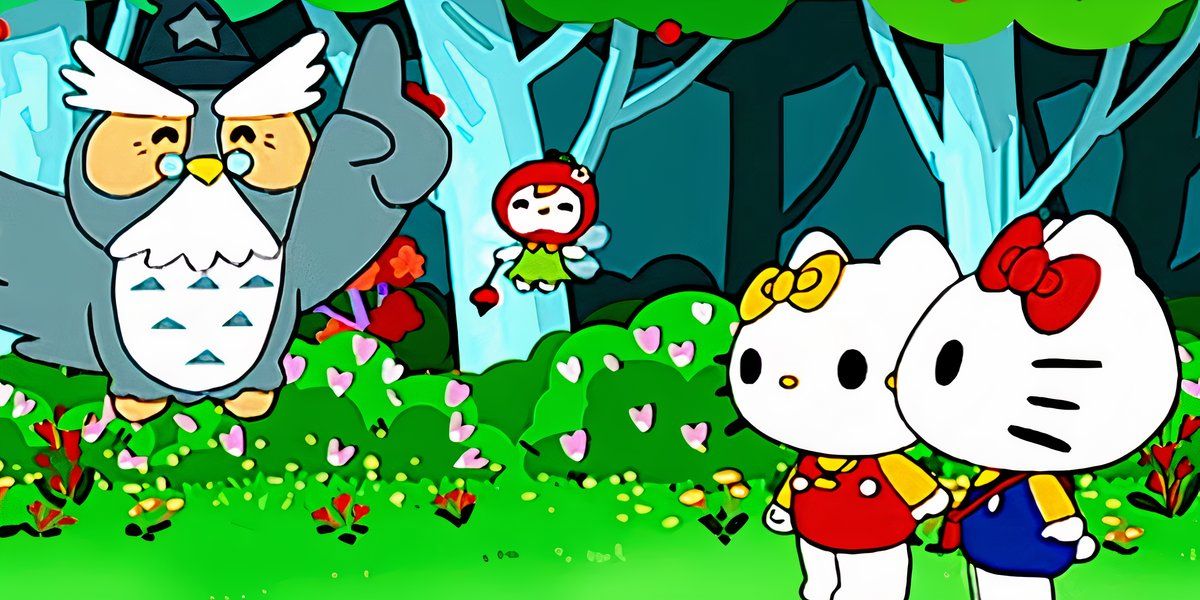 Uncle Scotch the wizard owl speaks to Hello Kitty and her sister in Hello Kitty Ringo no Mori.