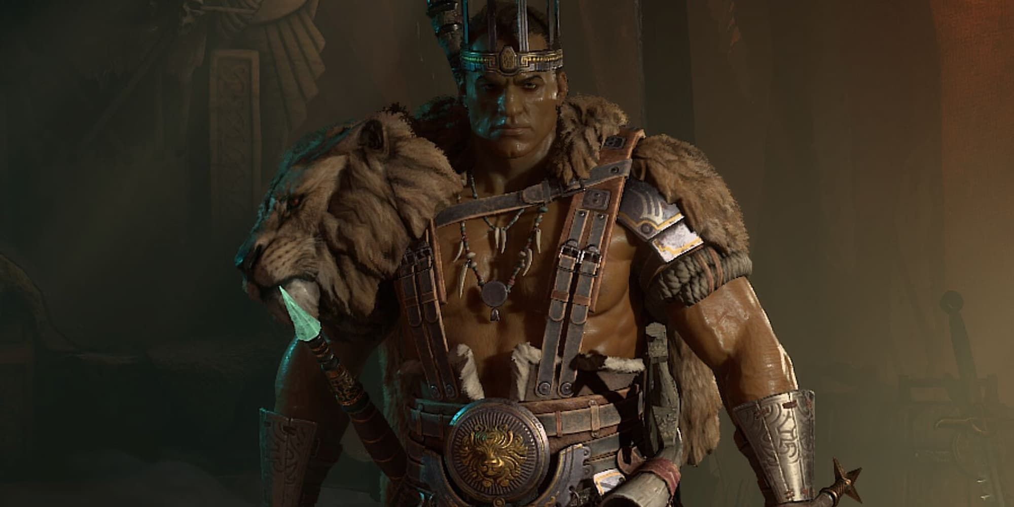 A closeup of the Barbarian class in Diablo 4