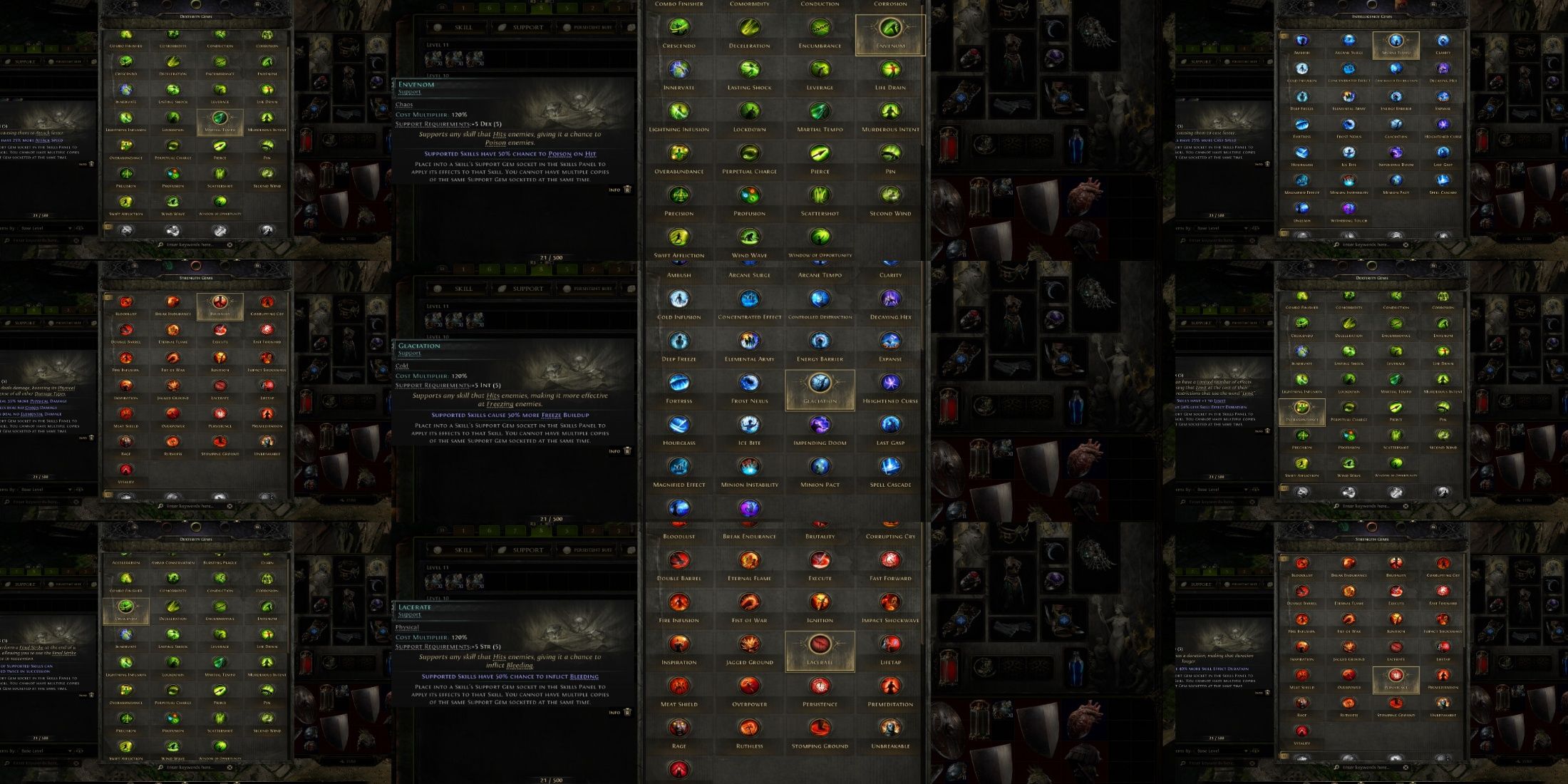 Path of Exile 2 support gems tier one mixed screenshot collage