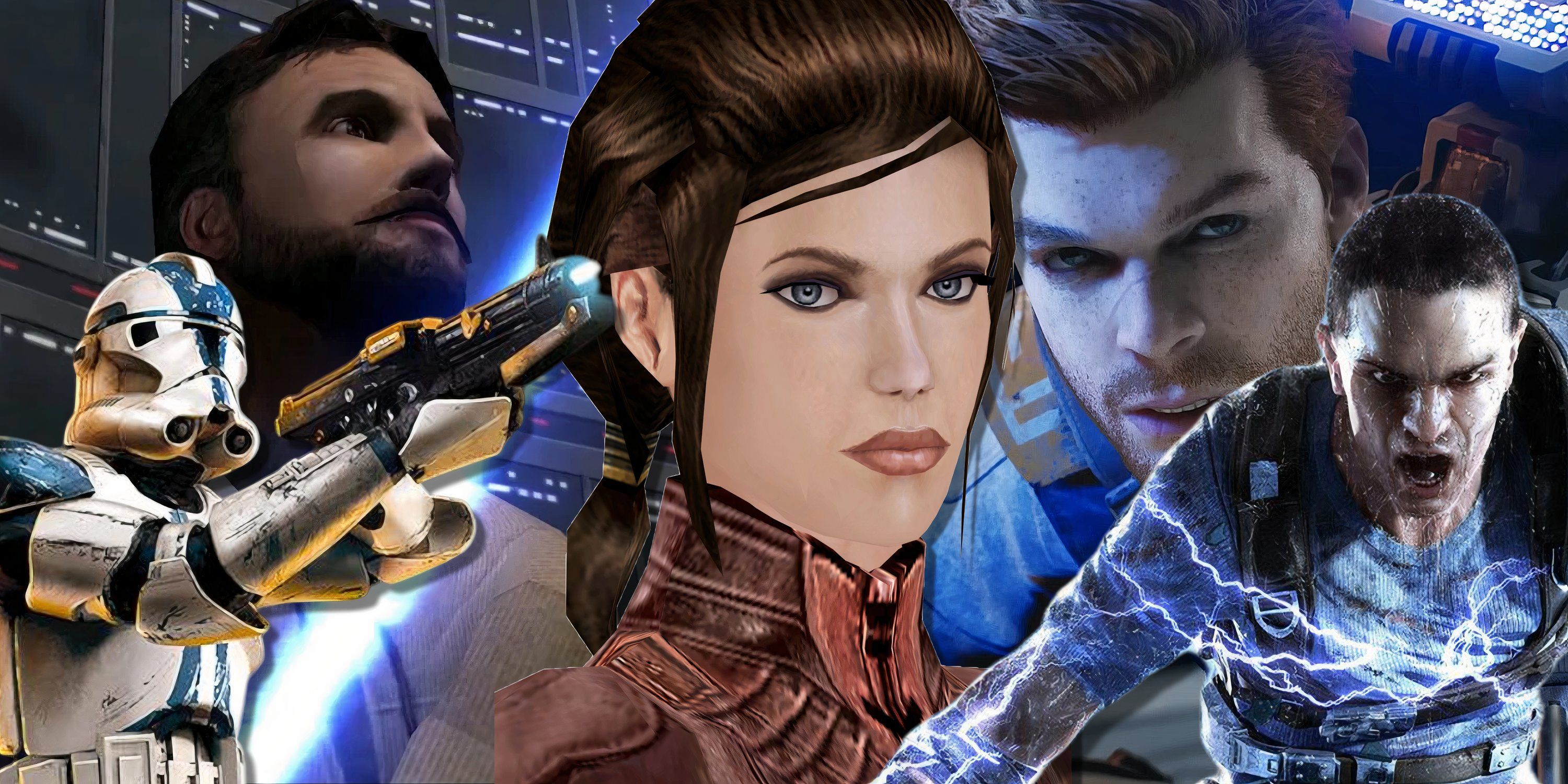 Split image of Kyle Katarn, Cal Kestis, Bastilla Shan, Starkiller, and a clone trooper in various Star Wars games