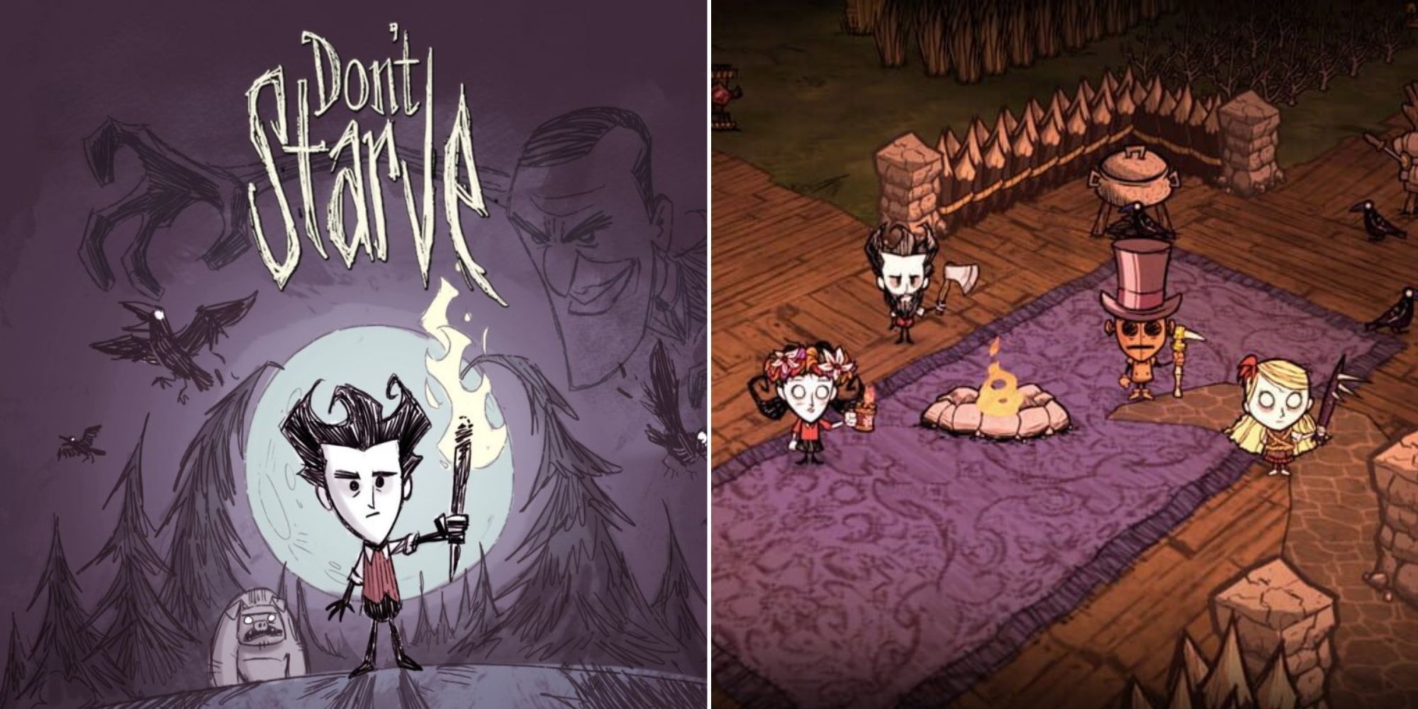 A split image of the Don't Starve Cover Art and players in Don't Starve Together around a campfire.