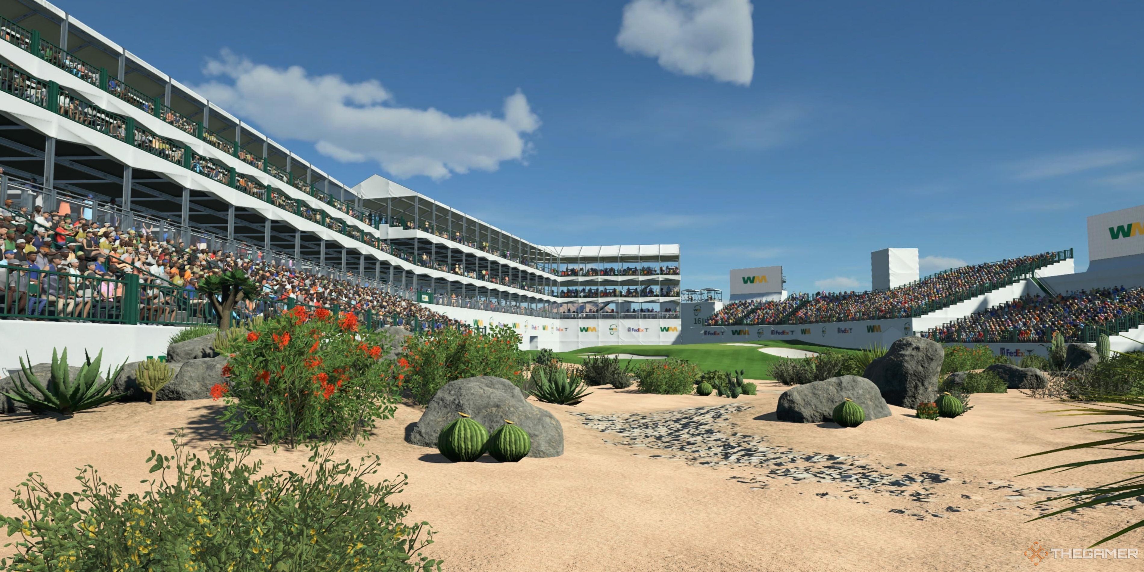 A grandstand around a hole in PGA Tour 2K25.