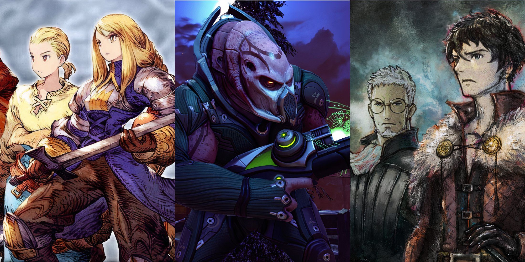 Images depicting characters from Final Fantasy Tactics, XCOM 2, and Triangle Strategy