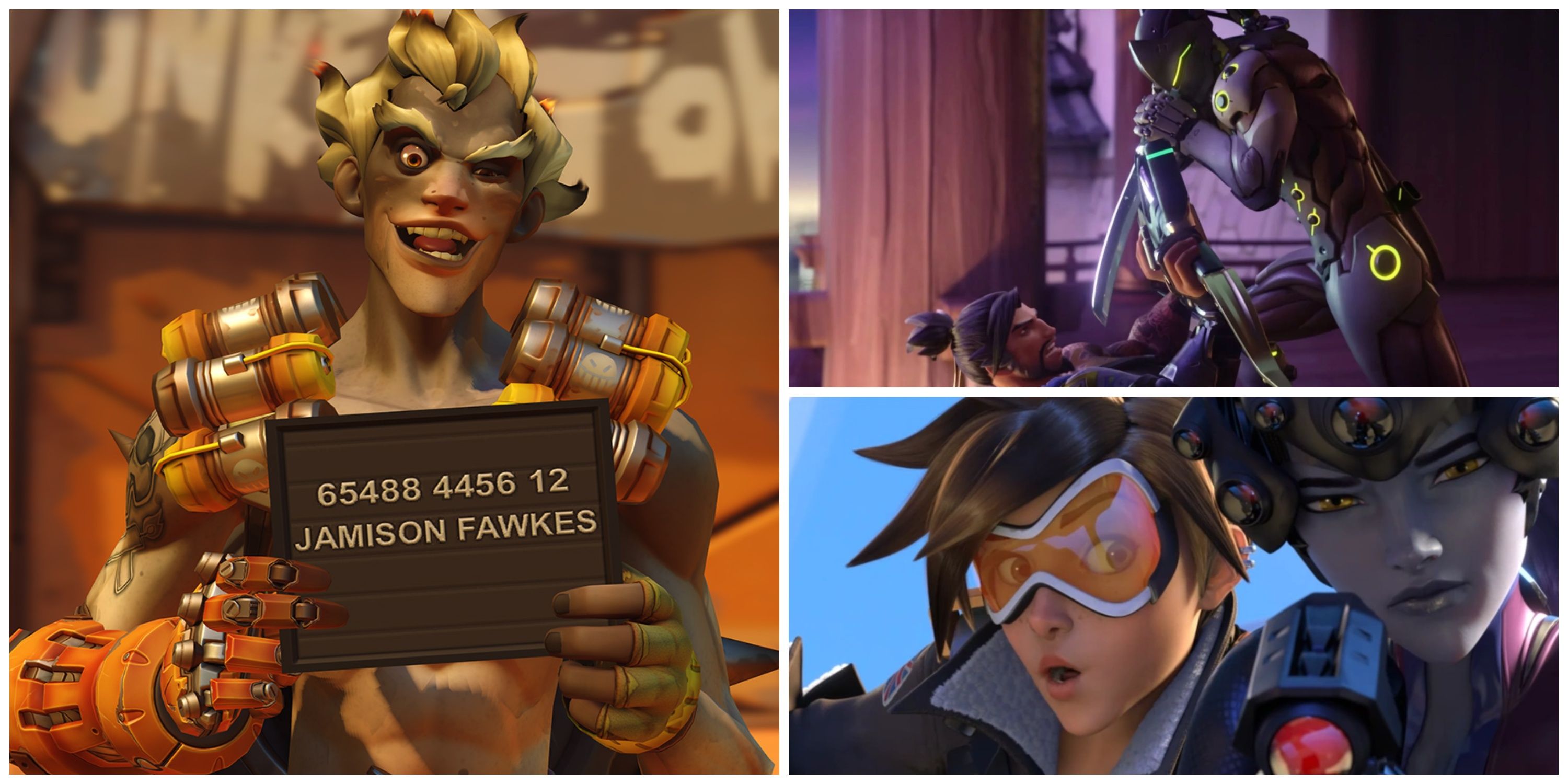 junkreat mugshot, tracer and widowmaker, hanzo and genji overwatch 2 trailers