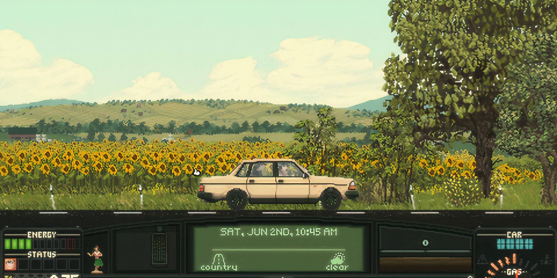 A white car on the open road against the backdrop of sunflowers and hills in Keep Driving.