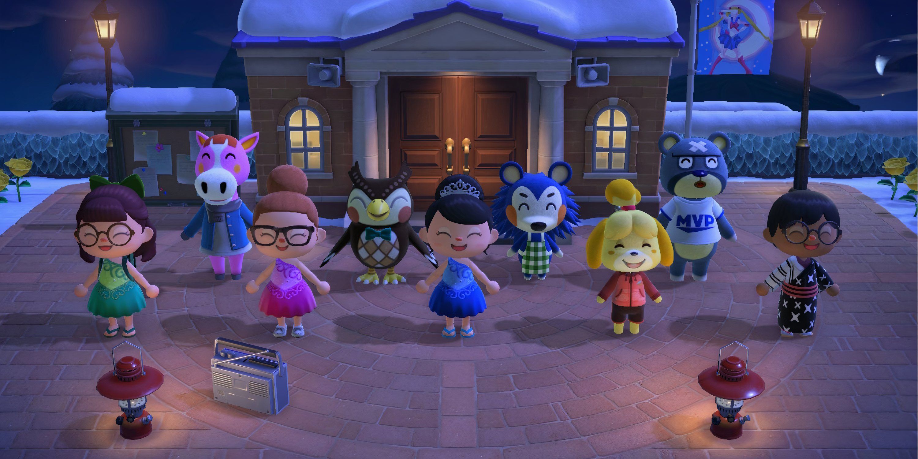 Friends and villagers group stretching in front of resident services in Animal Crossing: New Horizons