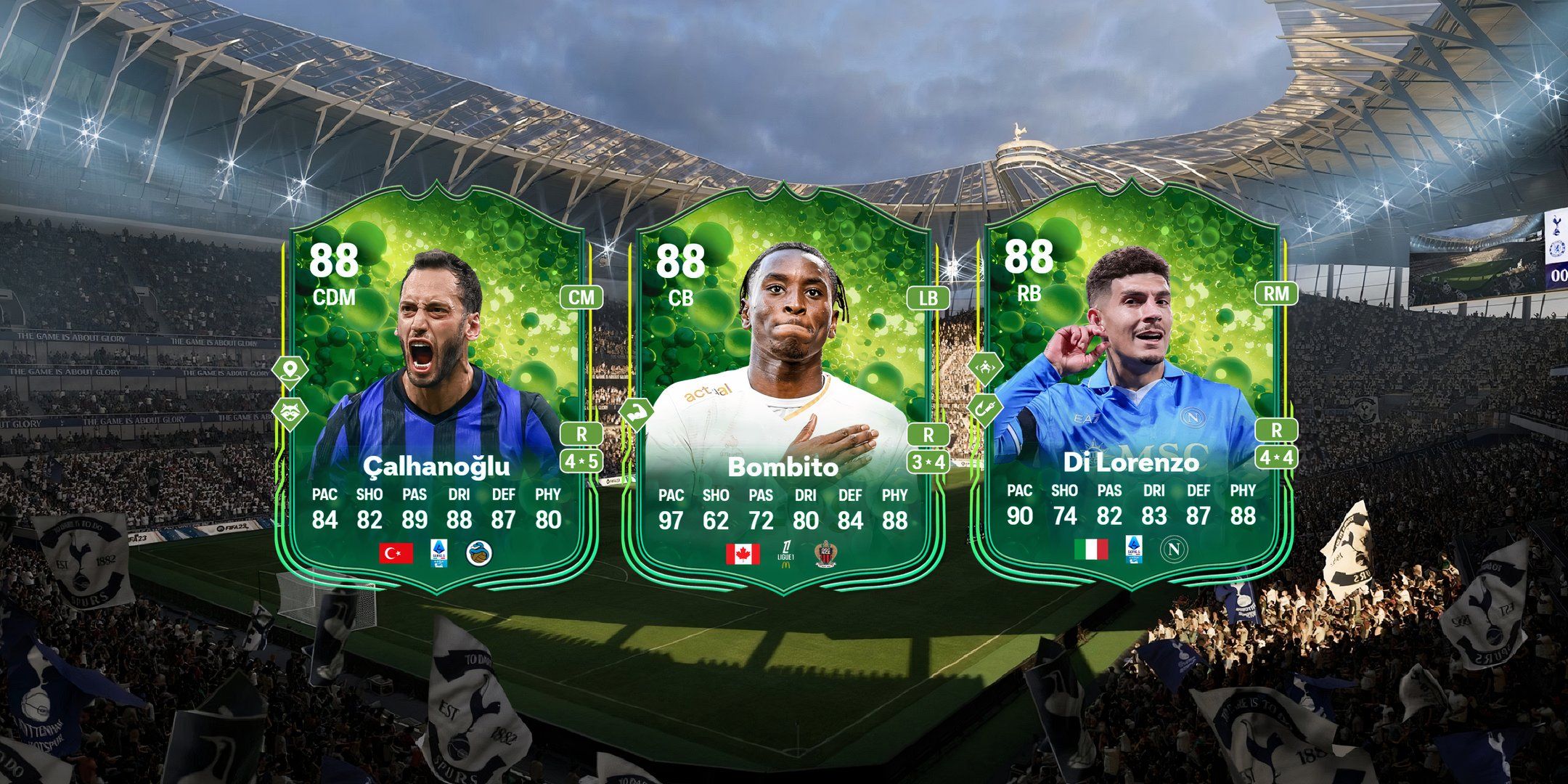 Calhanoglu's, Bombito's, and Di Lorenzo's cards in EA Sports FC 25.