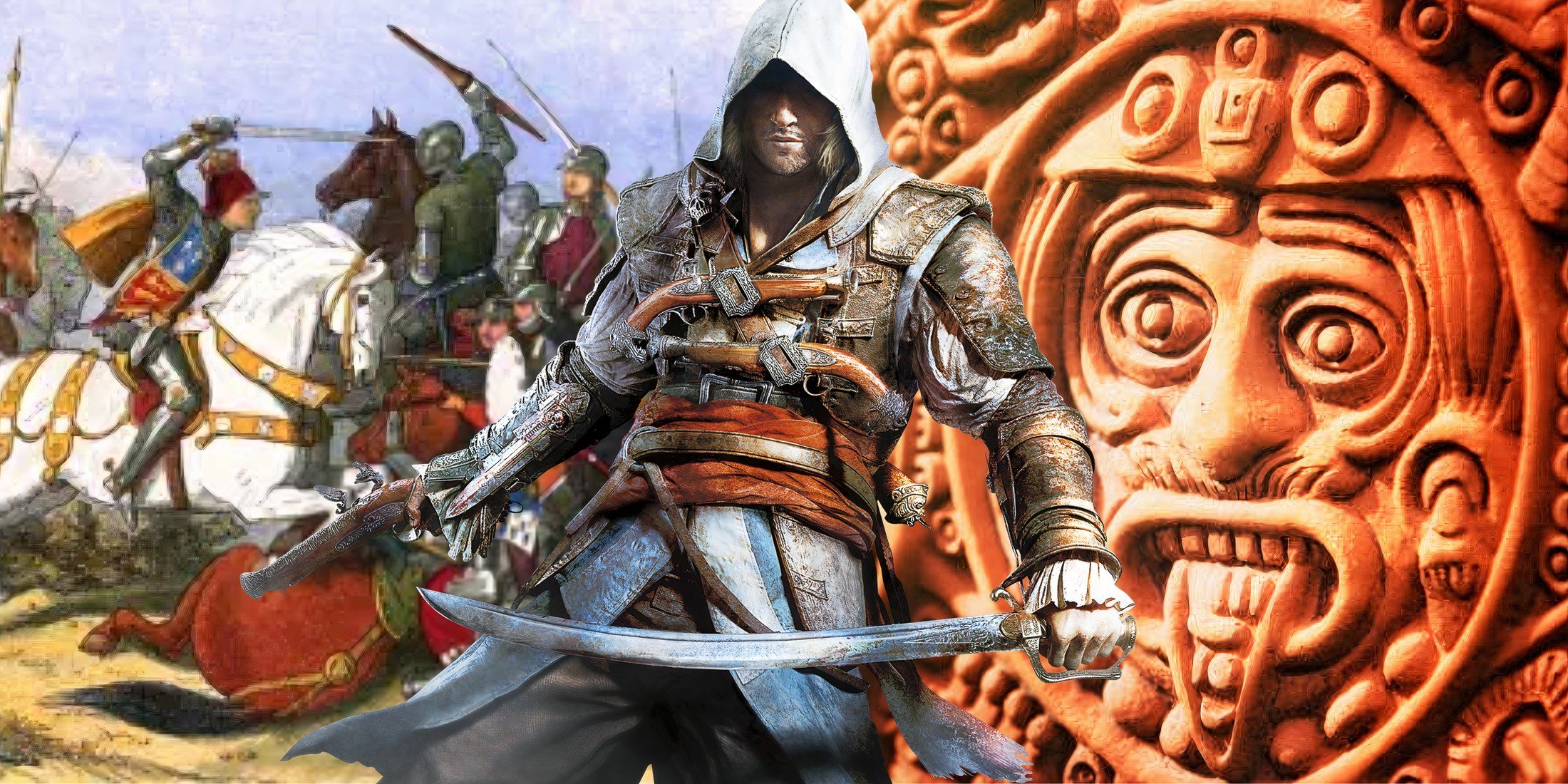 Edward Kenway from Assassin's Creed Black Flag surrounded by War of The Rose and Aztec Imagery