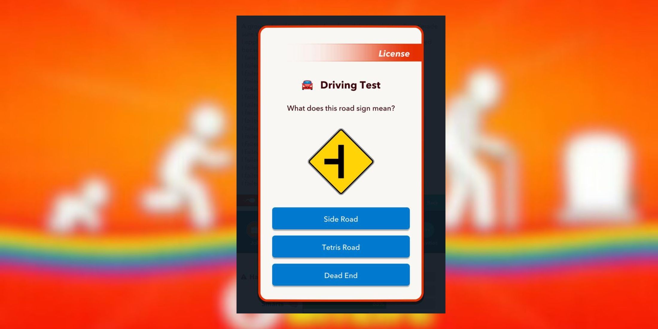 side road sign in driving test bitlife