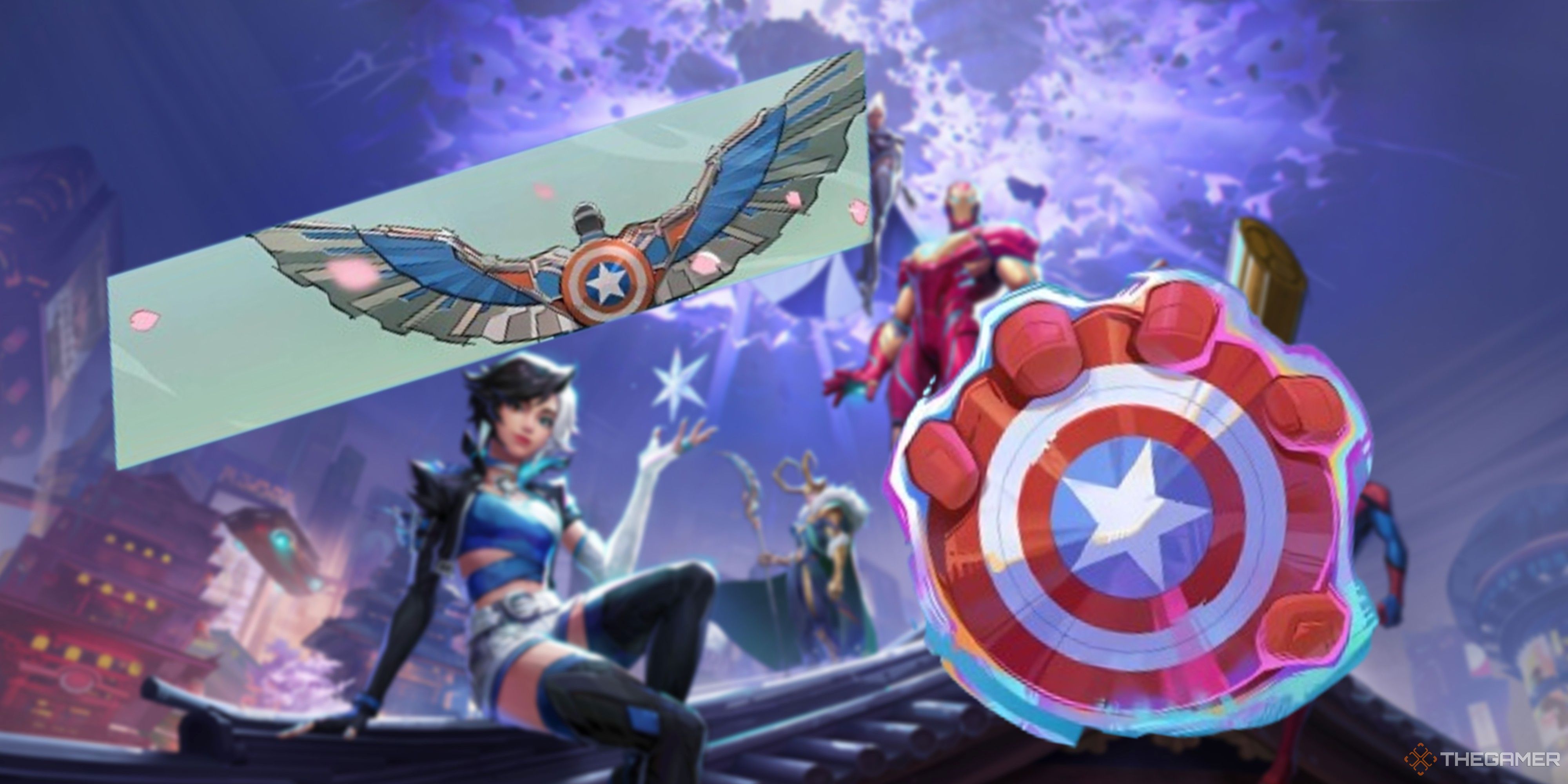 captain america brave new world nameplate and spray on a blurred marvel rivals background.