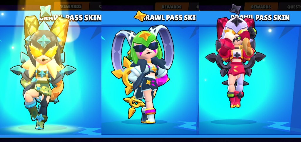 Brawl Pass Good Randoms Brawl Pass Blackgreen, Pop, and Redwhite Melodie skins, Brawl Stars