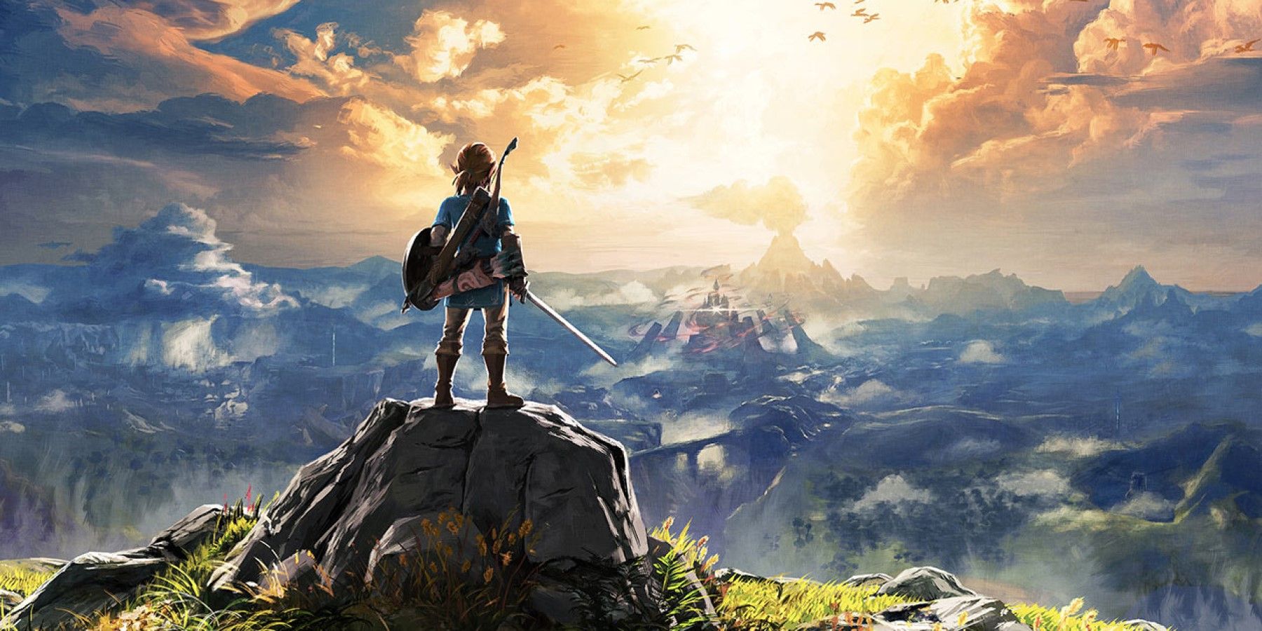 Key Art From The Legend Of Zelda Breath Of The Wild Showing Link Stood Upon A Rock Looking Out Across Hyrule