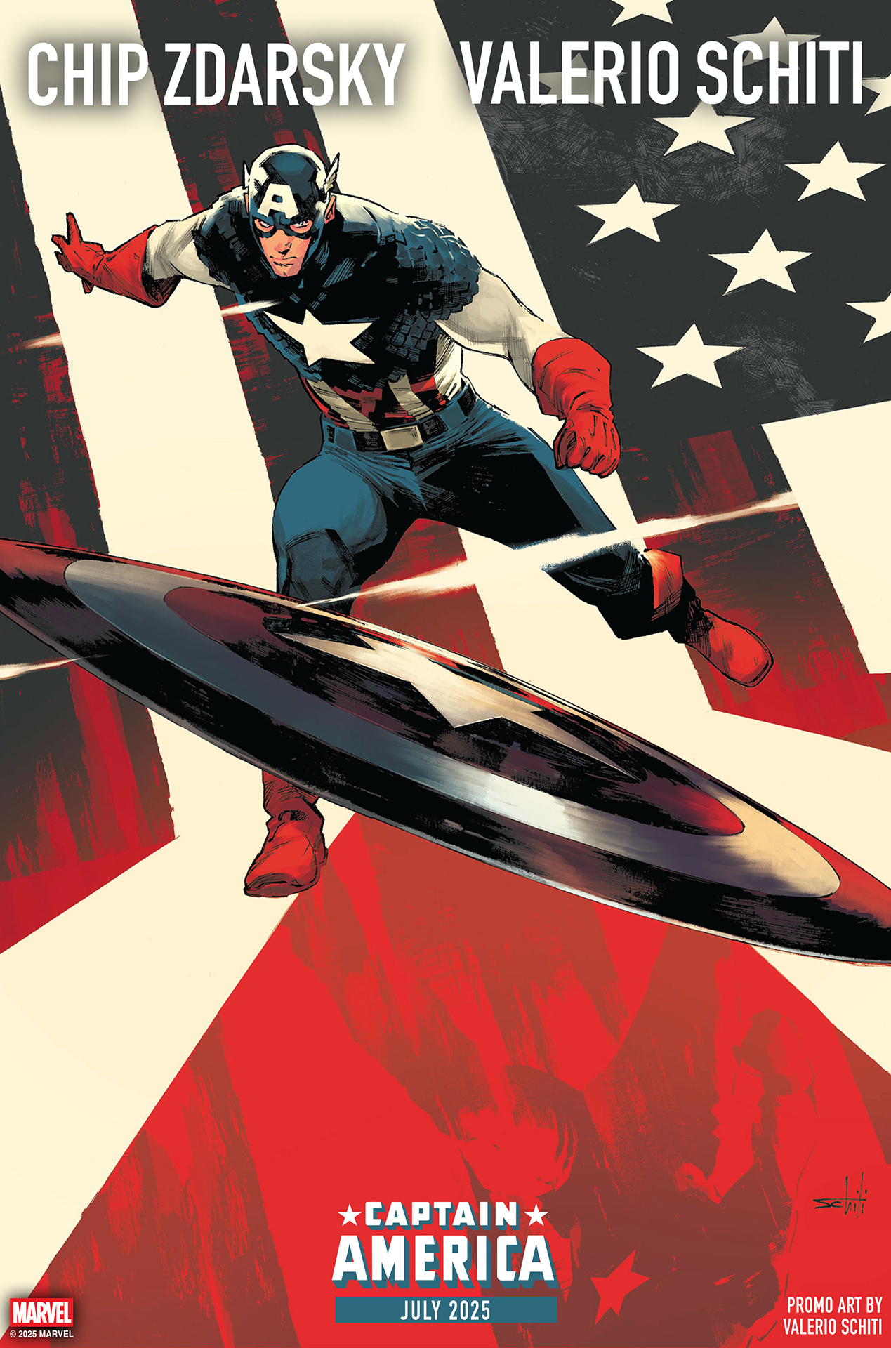 Captain America #1 promo art of Steve Rogers throwing his shield