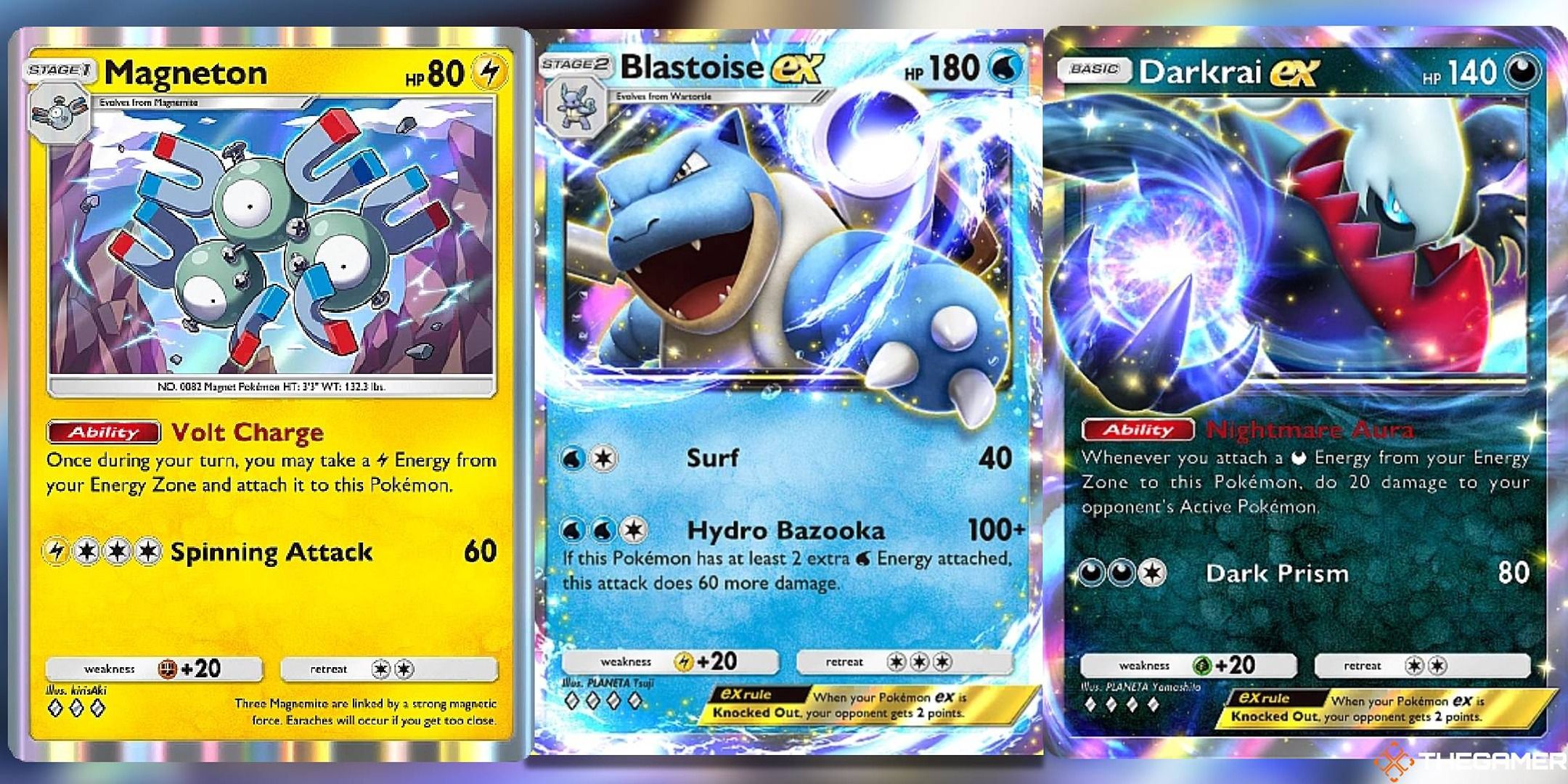 Magneton, Blastoise ex, and Darkrai ex from Pokemon Pocket. 