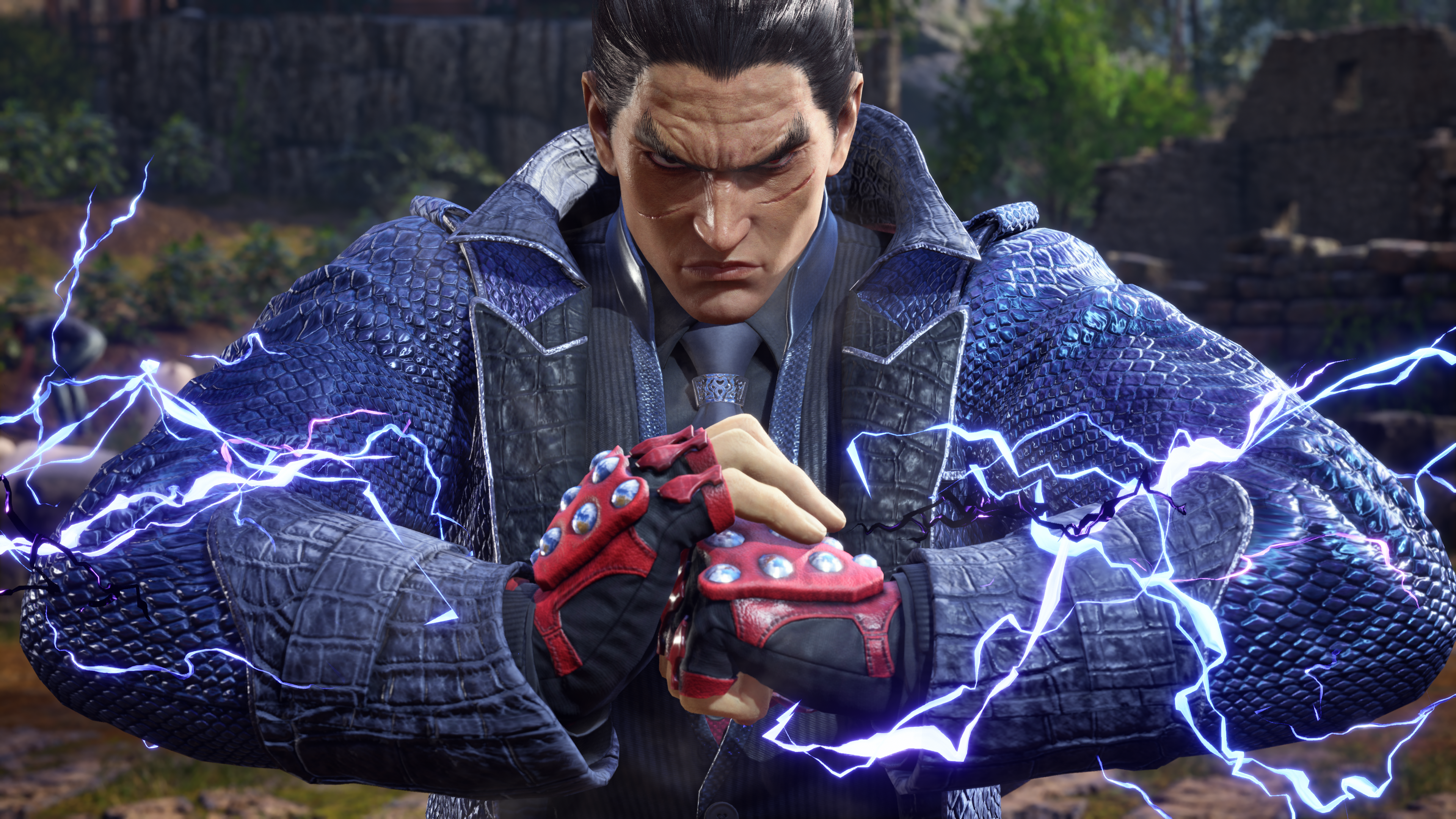 Kazuya Mishima generating dark purple and blue lightning around his fists in Tekken 8.