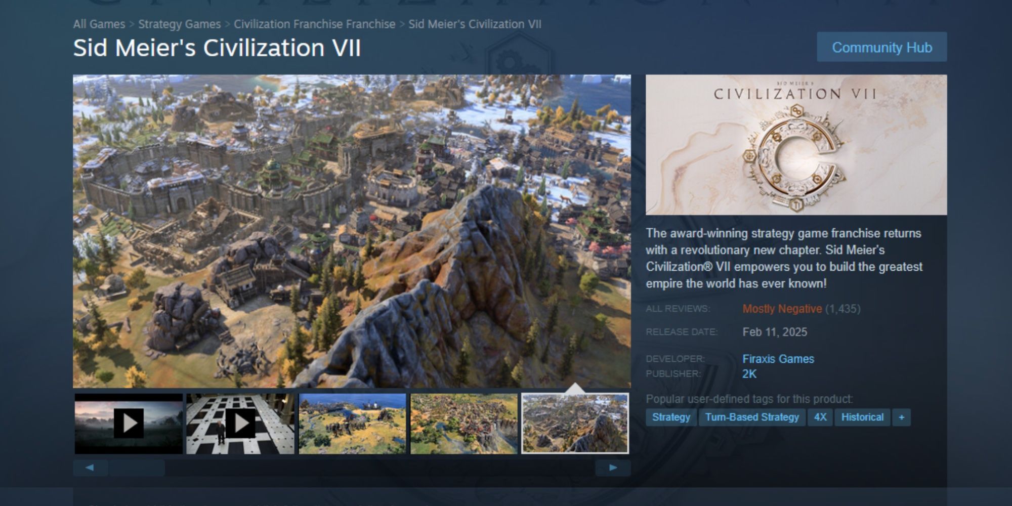 Sid Meier's Civilization 7 Steam page showing Mostly Negative reviews.