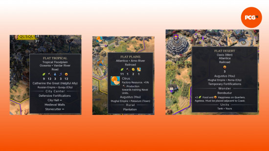 Three in-game examples of how the Plit Tooltips unofficial Civ 7 mod works.