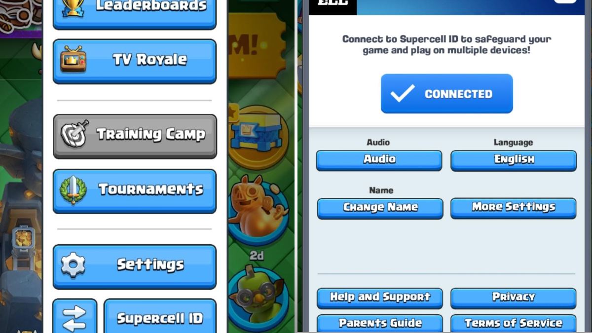 Clash Royale Settings and Change Name options