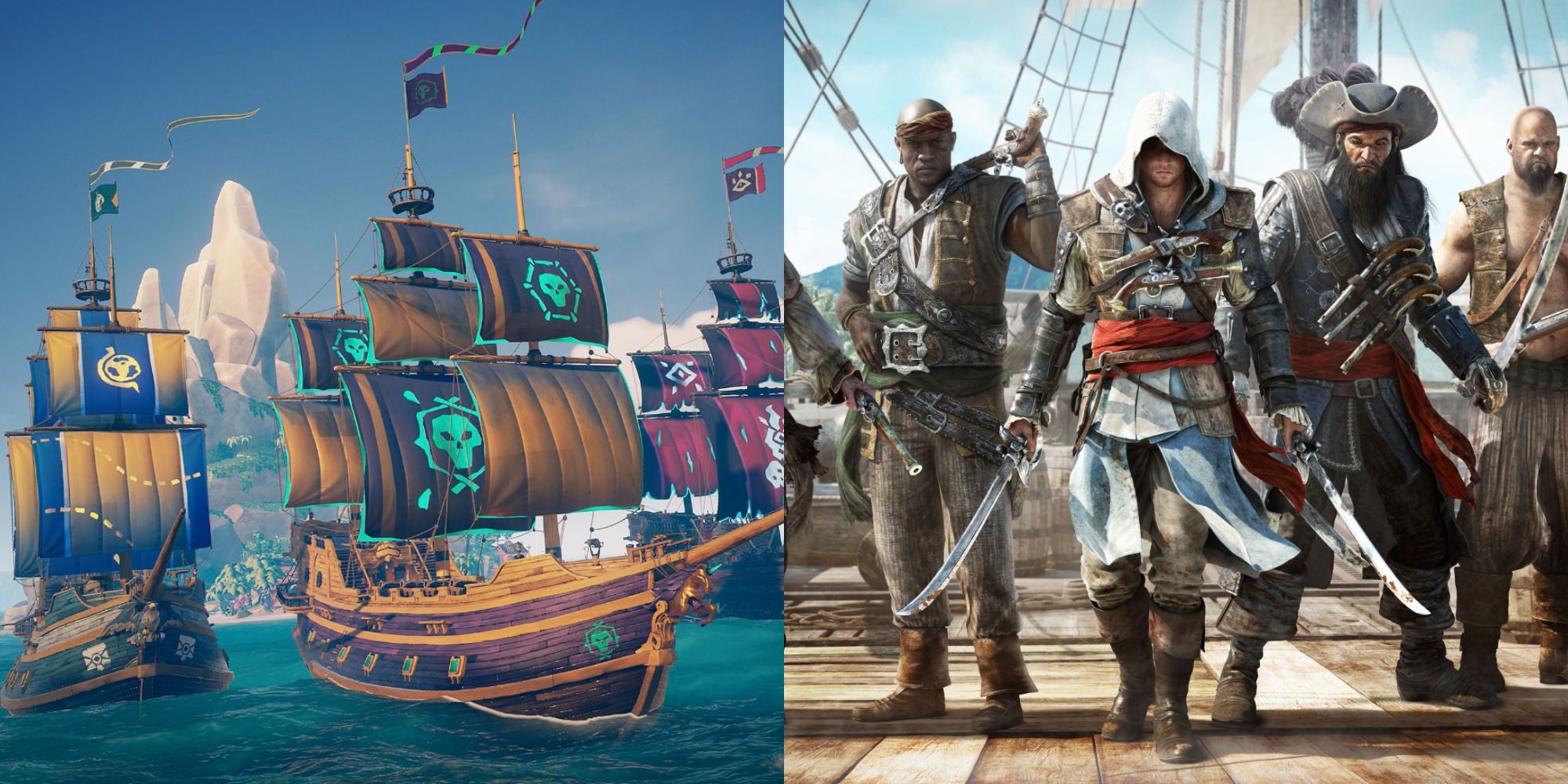 sea of thieves and black flag, boats and characters