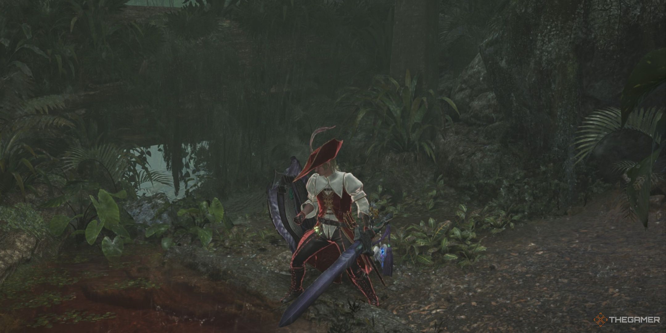 The hunter in the scarlet forest with the charge blade in sword and shield mode in monster hunter wilds.