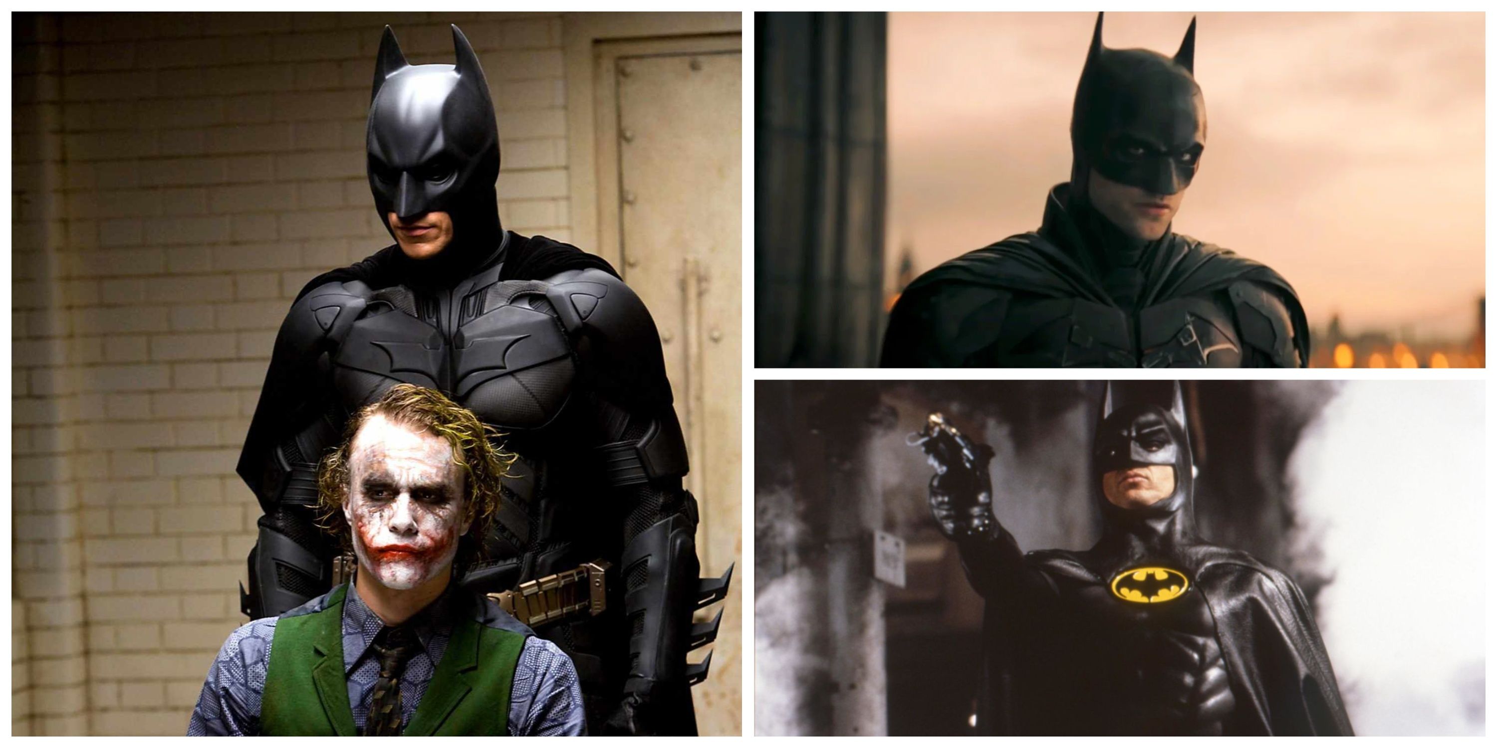 christian bale batman and heath ledger joker, robert pattinson batman, michael keaton batman