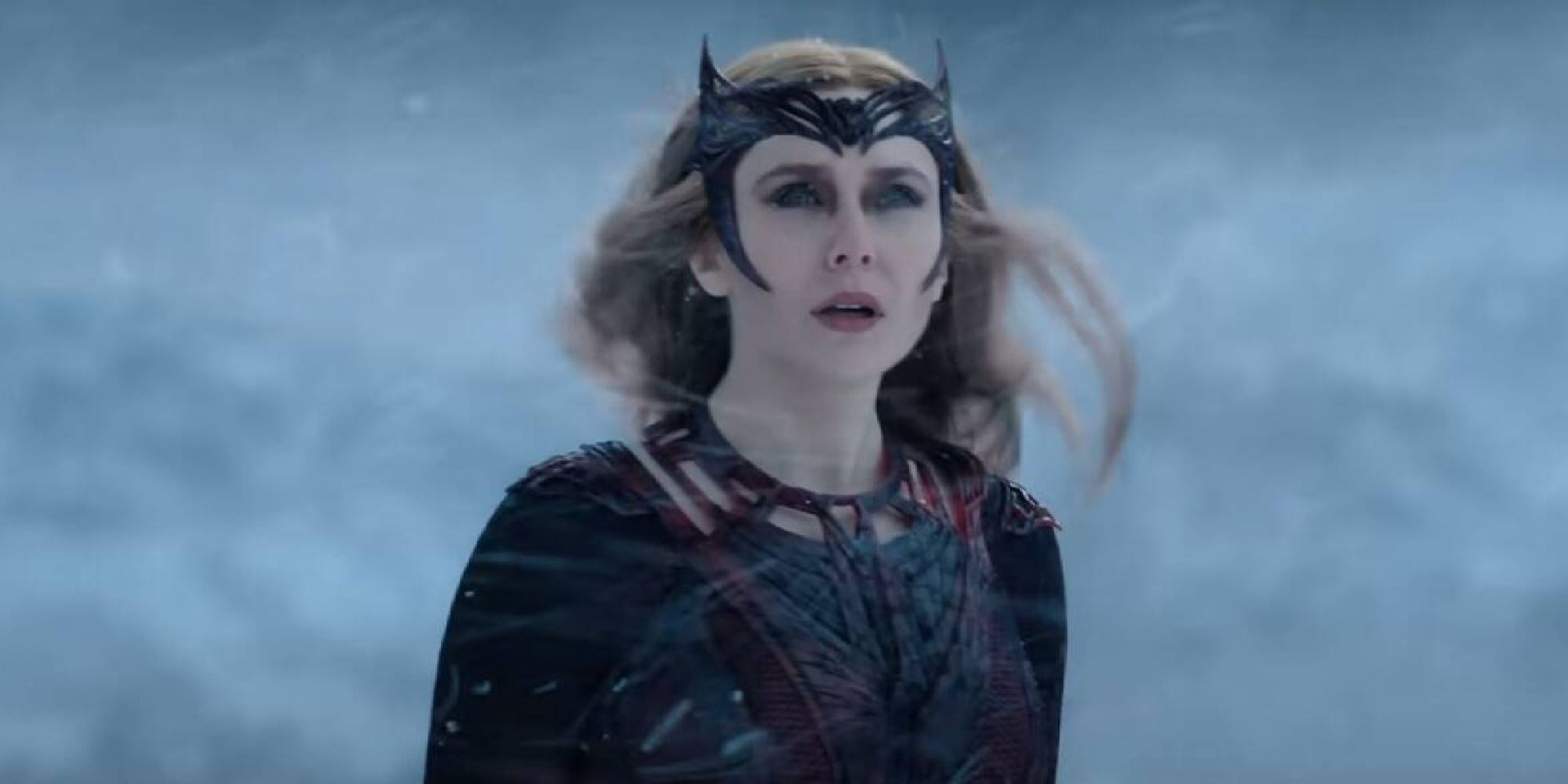 Wanda in her Scarlet Witch outfit approaching Mount Wundagore