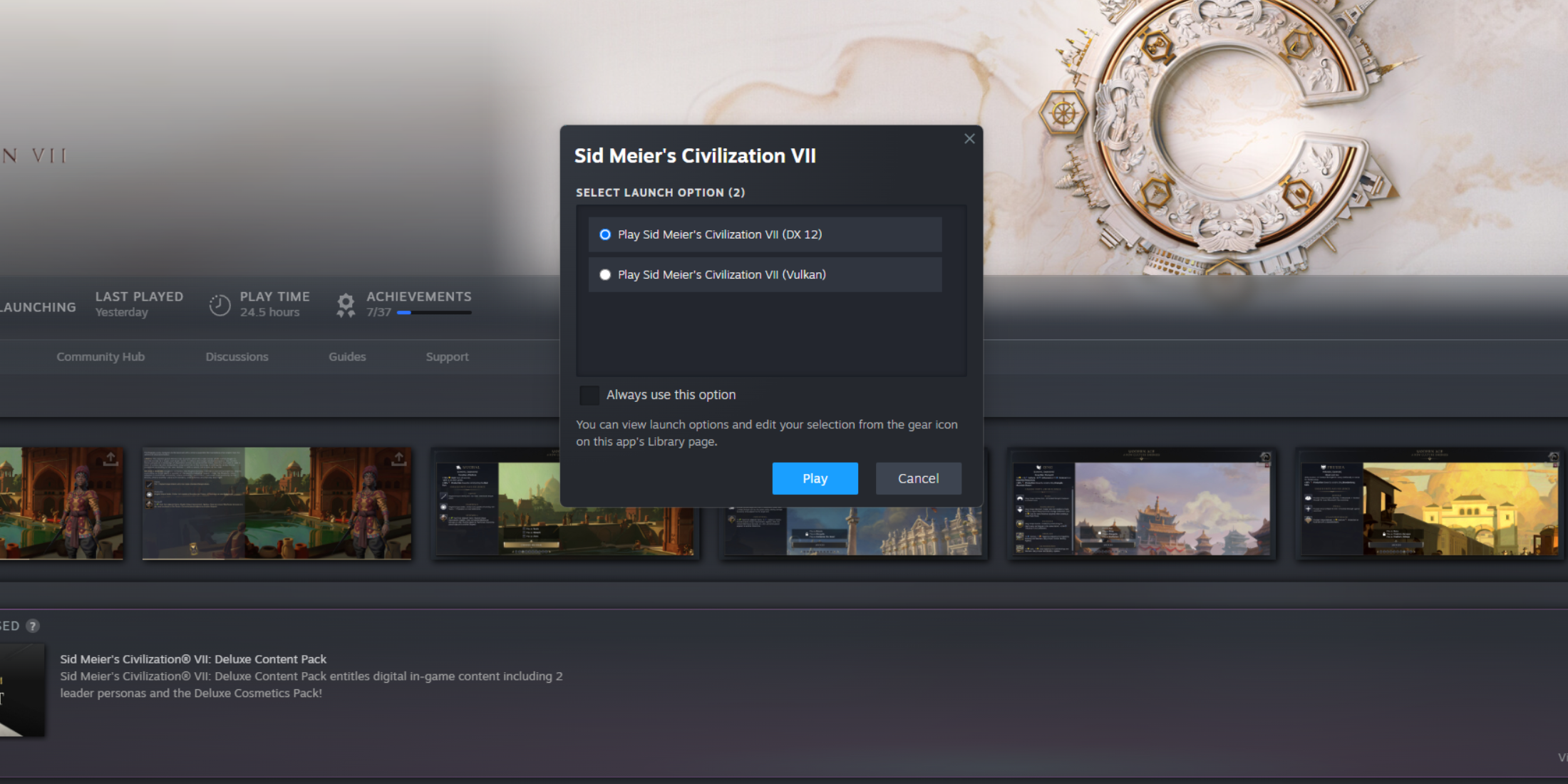 Civ 7 DX12 Vulkan Launch Choice Steam Civilization VII Menu