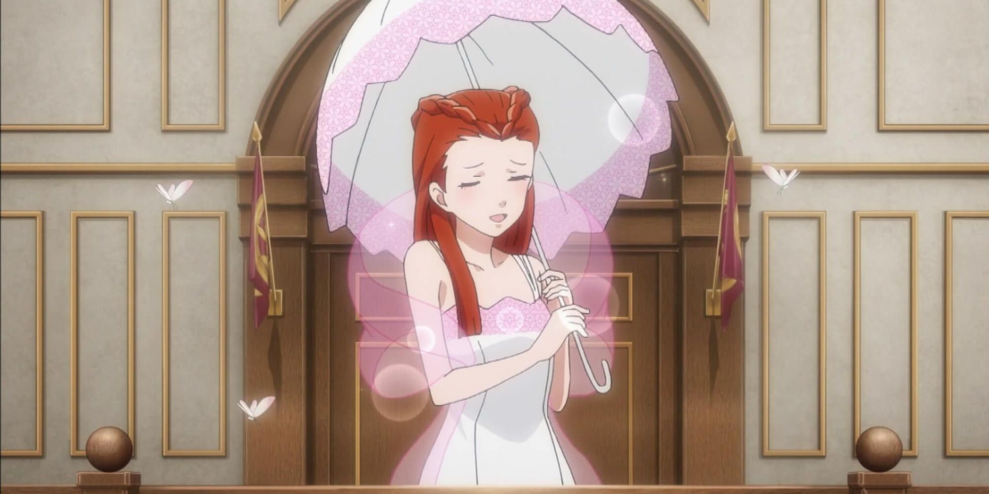 Dahlia Hawthorne on the witness stand in the Ace Attorney anime.