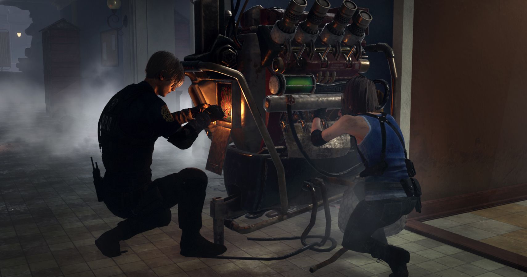 Leon and Jill from Resident Evil fixing a generator in Dead by Daylight