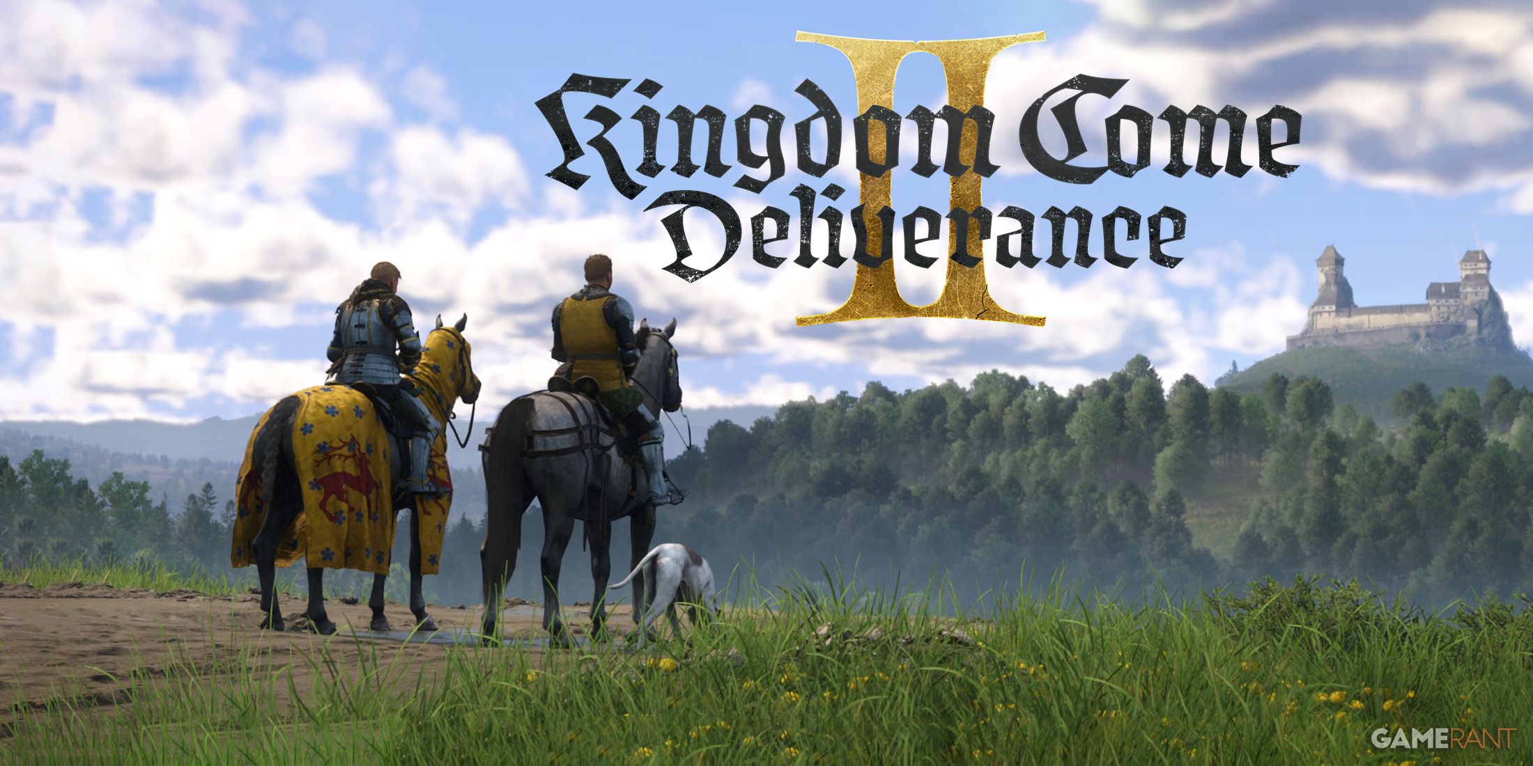 Kingdom Come Deliverance 2 Henry and Hans on horses in front of Bergow castle game logo 2x1 composite