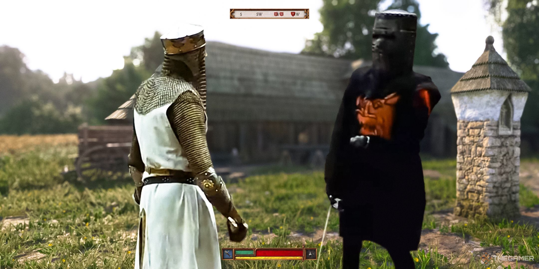 King Arthur facing off against the Black Knight from Monty Python and the Holy Grail, with the Kingdom Come: Deliverance 2 UI at the bottom of the screen and the game's world in the background.