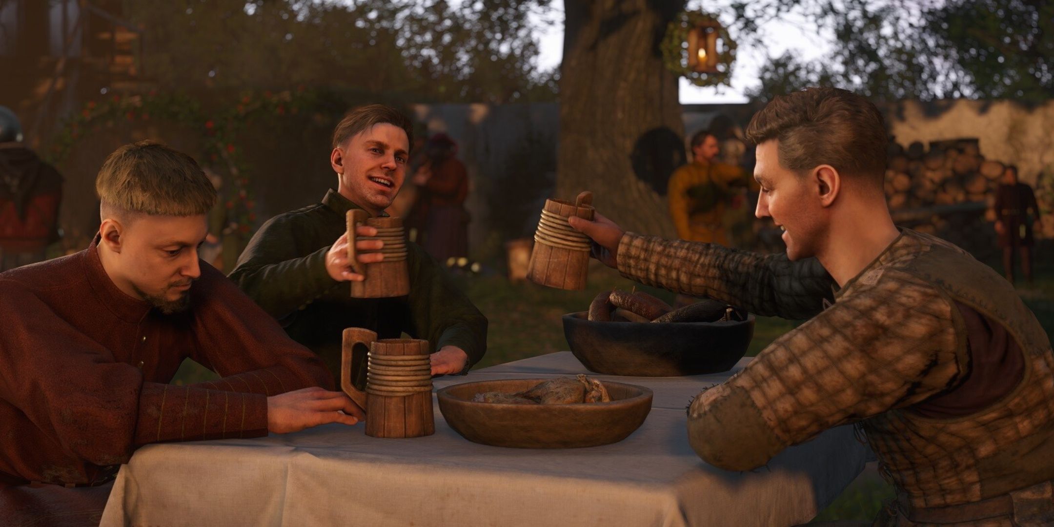 Henry drinking and eating with his friends in Kingdom Come: Deliverance 2.