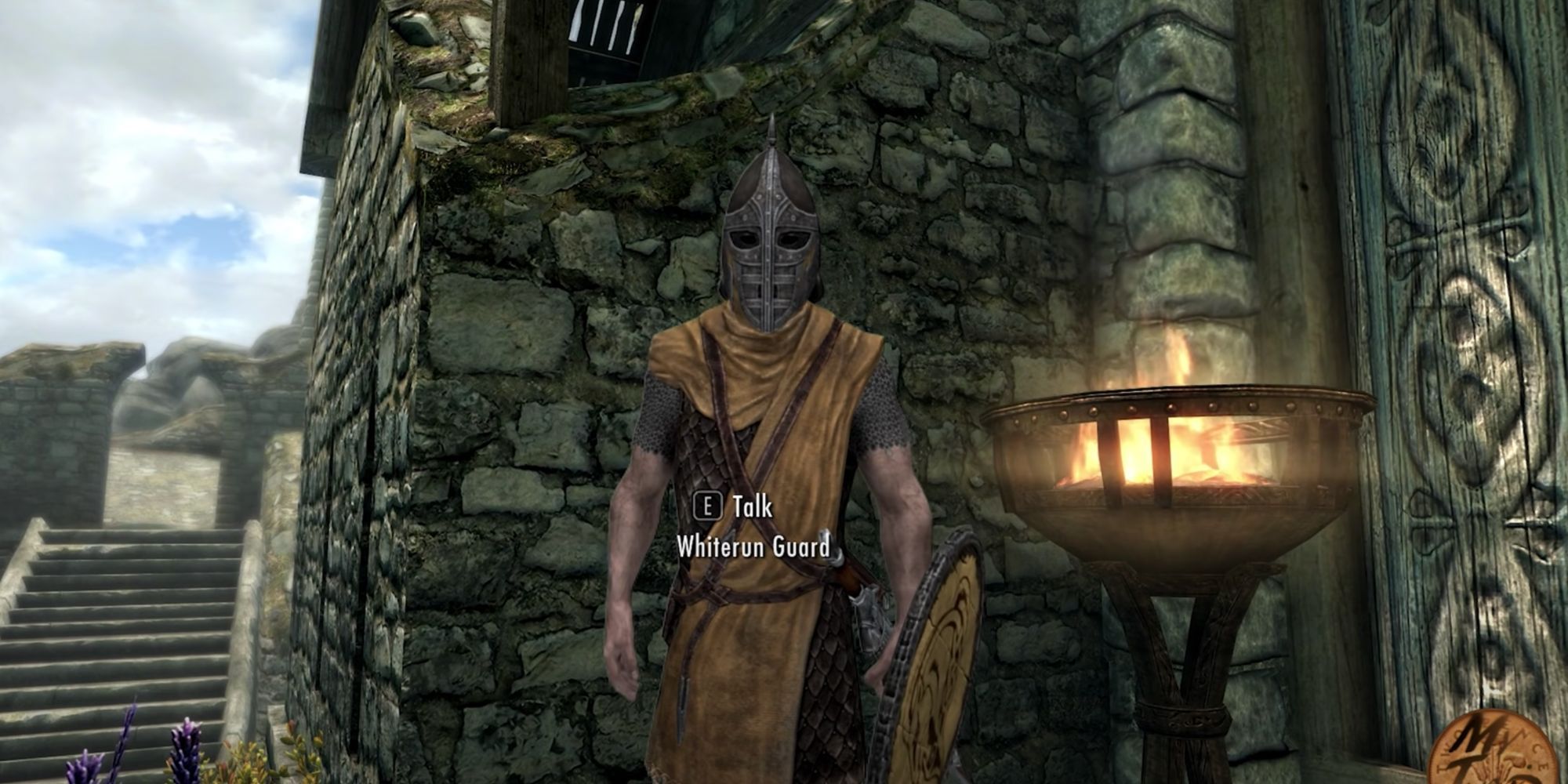 Screenshot of a Whiterun Guard at the gate in Skyrim. 