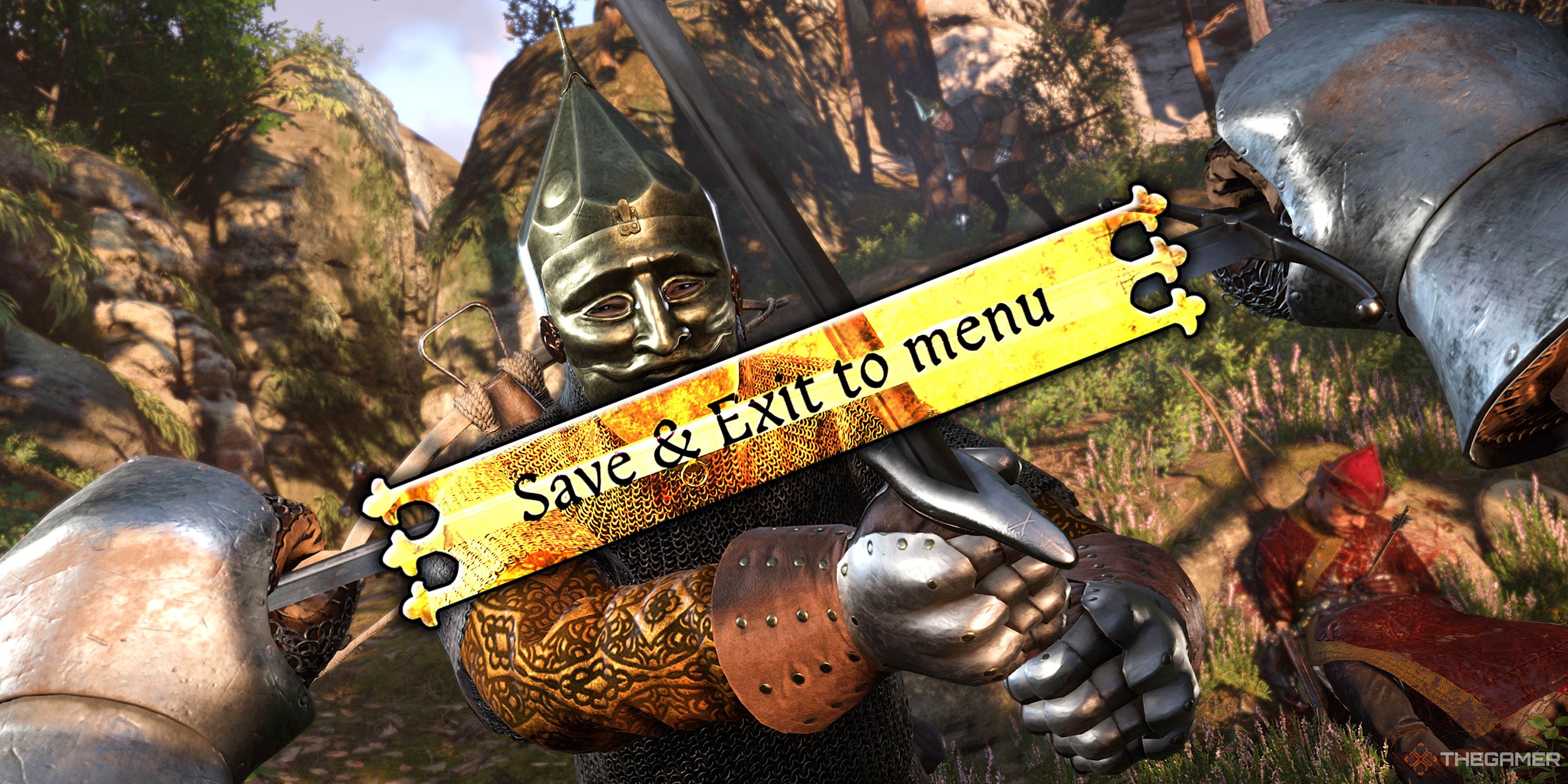 First-person combat in Kingdom Come: Deliverance 2 with the Save & Exit to menu option overlaid on top.