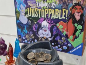 The Disney Villainous Unstoppable box and components on a shelf