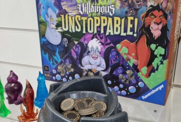 The Disney Villainous Unstoppable box and components on a shelf