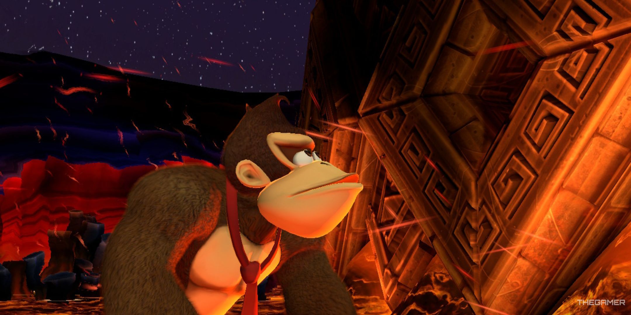 Donkey Kong looking up in Donkey Kong Country Returns HD.