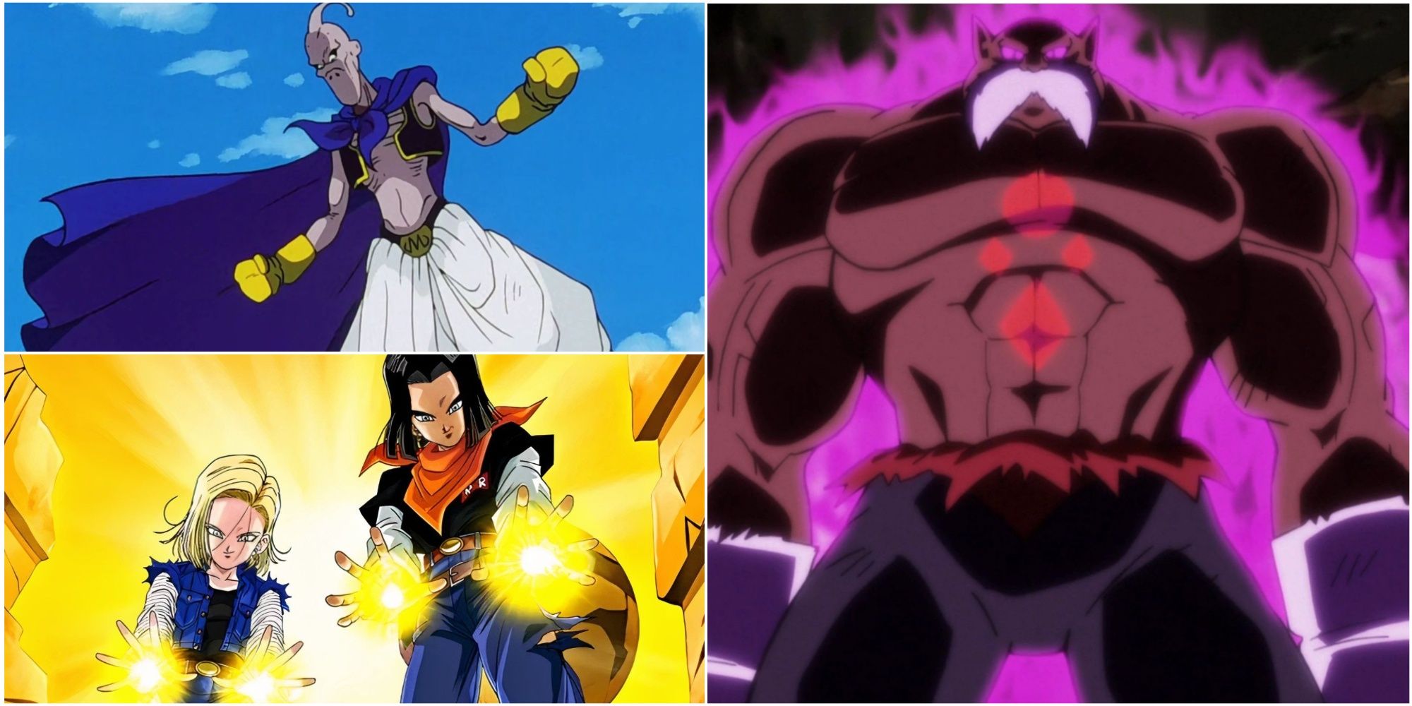 a collage image showing Toppo, Evil Buu, Android 17, and Android 18