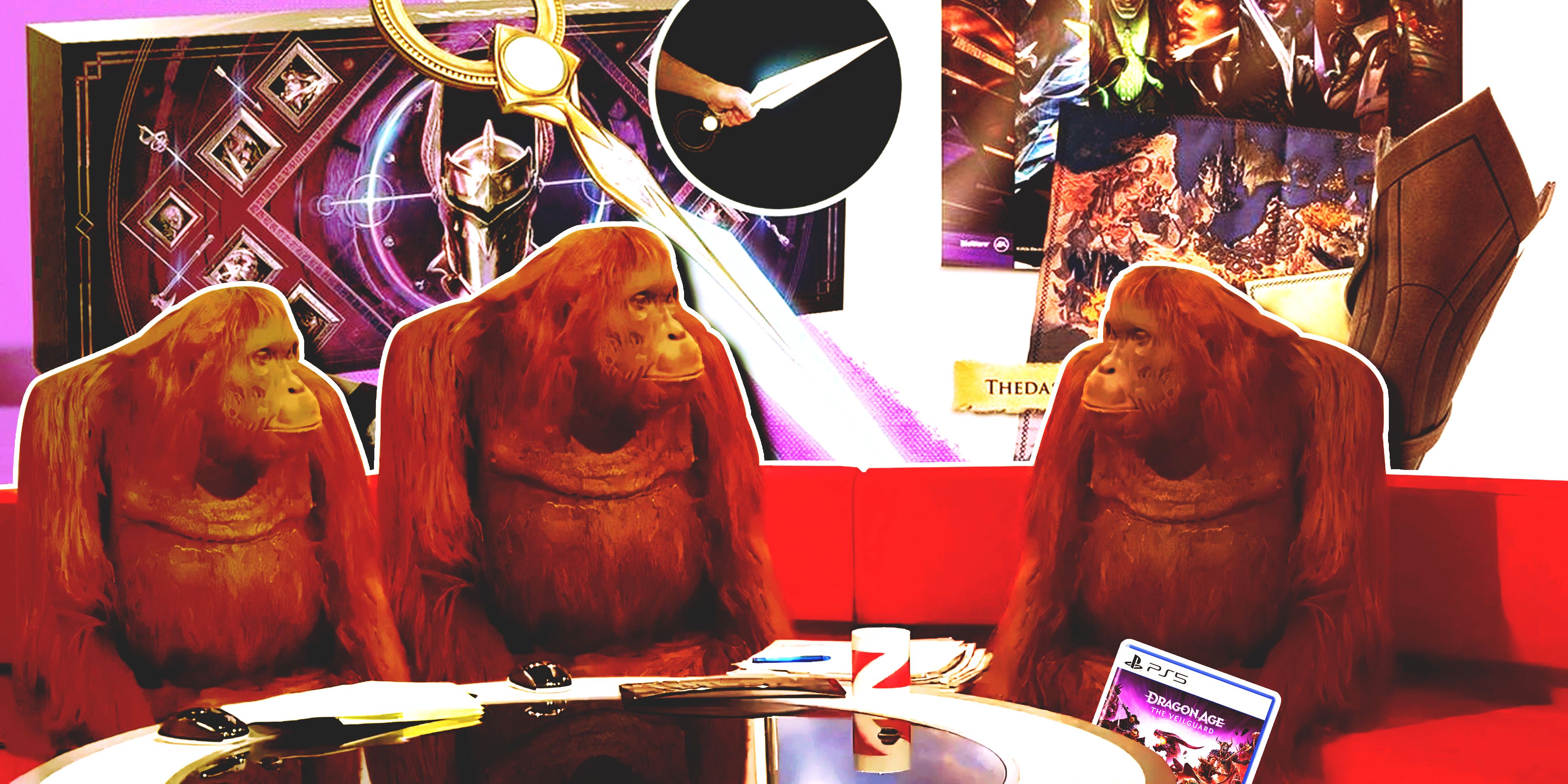 Orangutan meme with Dragon Age: The Veilguard's collector's editions in the background