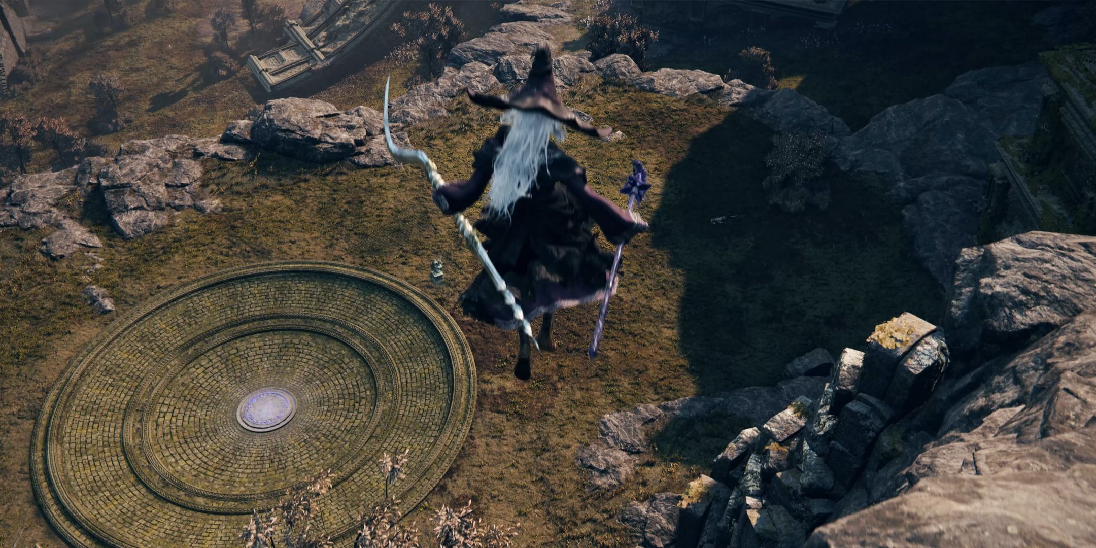 Elden Ring Nightreign witch leaping off a cliff.