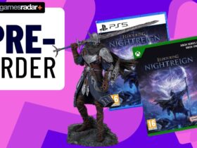 Image of the box art for the PS5 and Xbox versions of Elden Ring Nightreign, including the Elden Ring Nightreign statue, on a purple GamesRadar background.